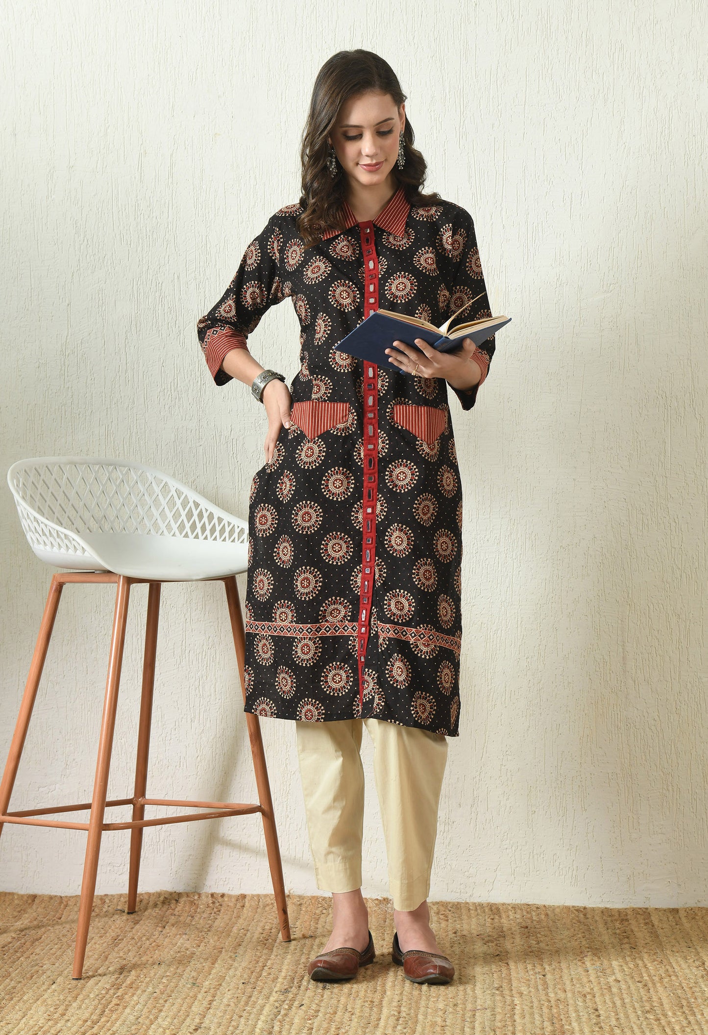 Black and Red Cotton Kurta