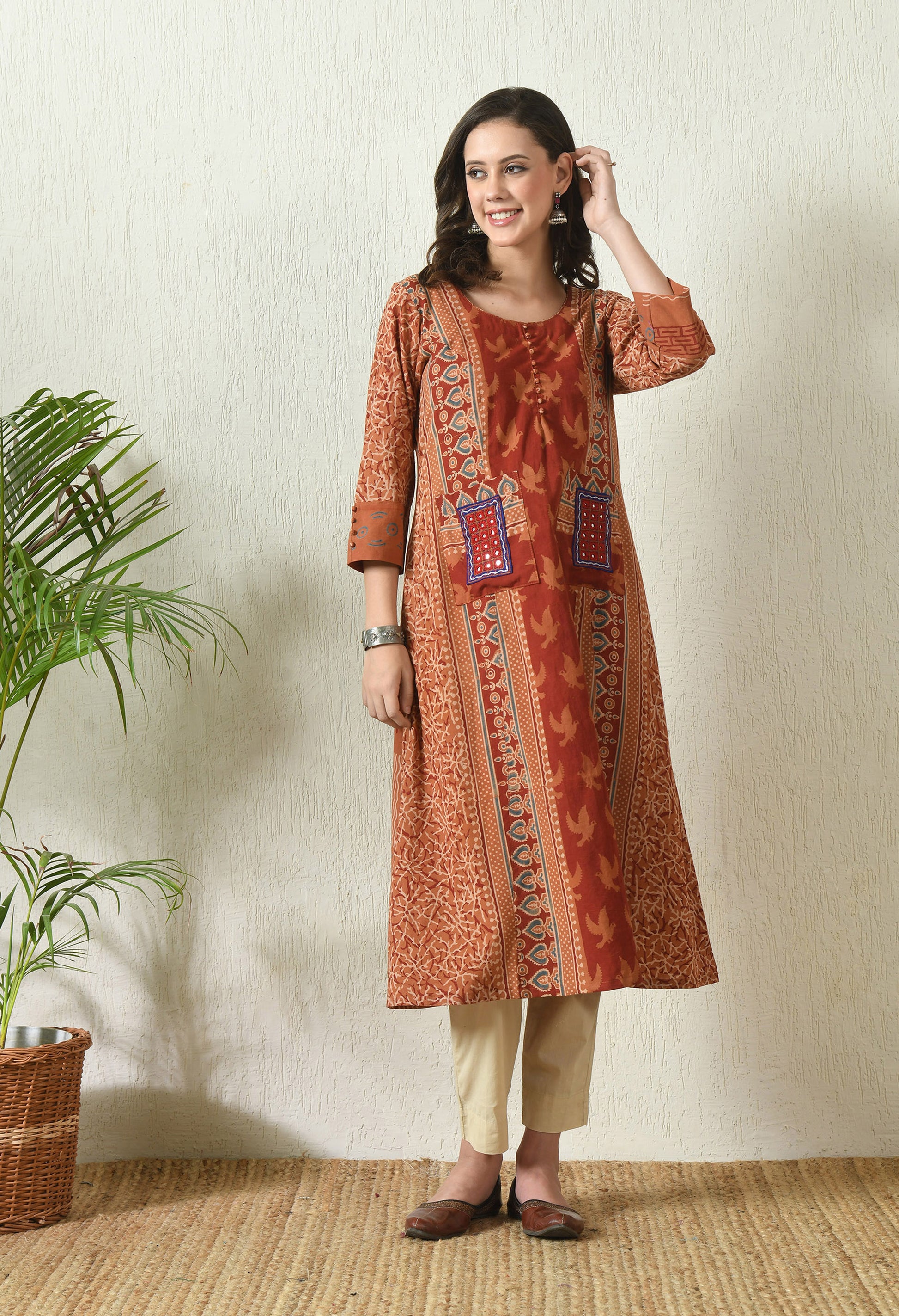 Rust Ajrakh Hand Block Printed Cotton kurta