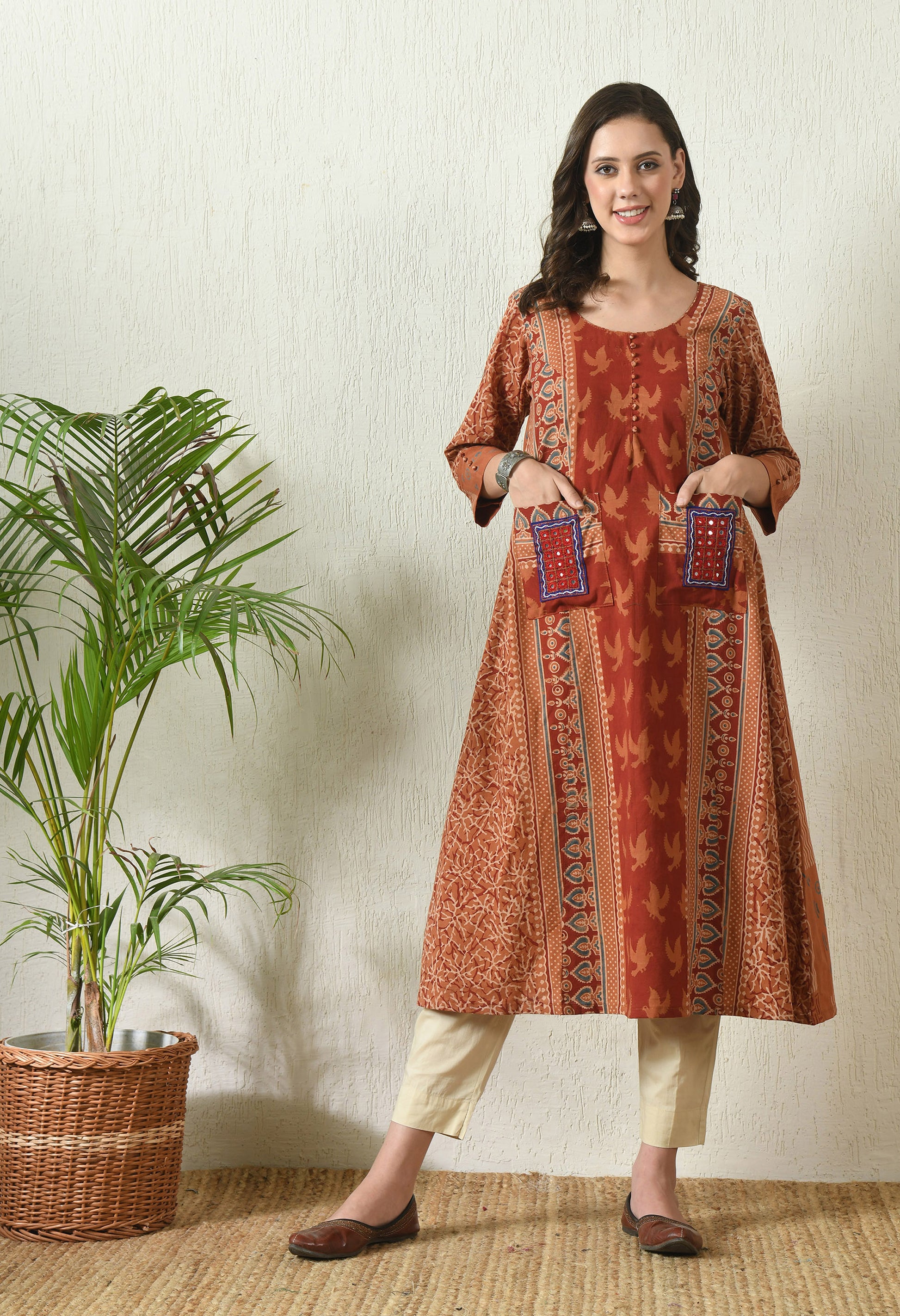 Rust Ajrakh Hand Block Printed Cotton kurta