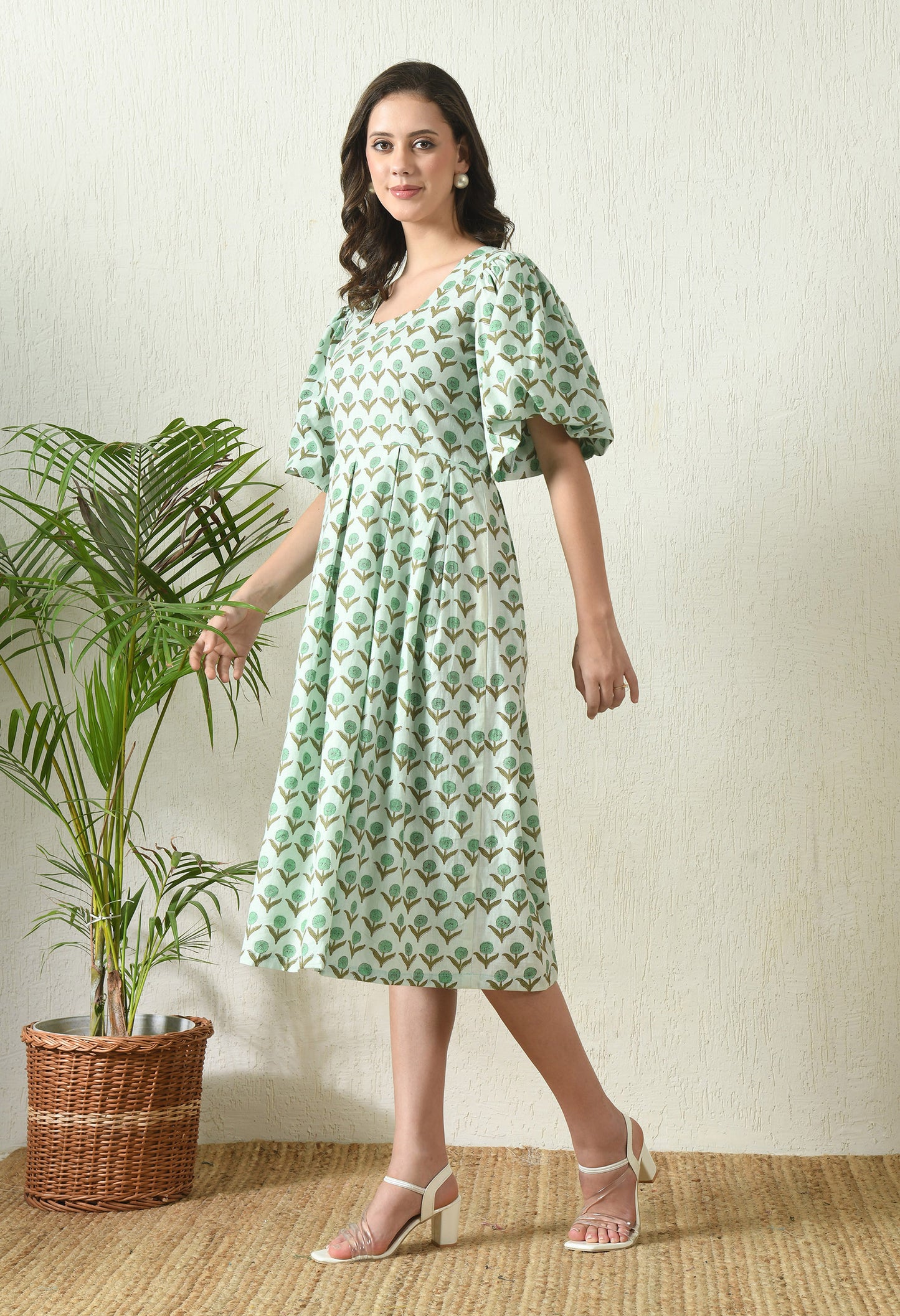 Sea Green Sanganeri Hand Block Printed dress