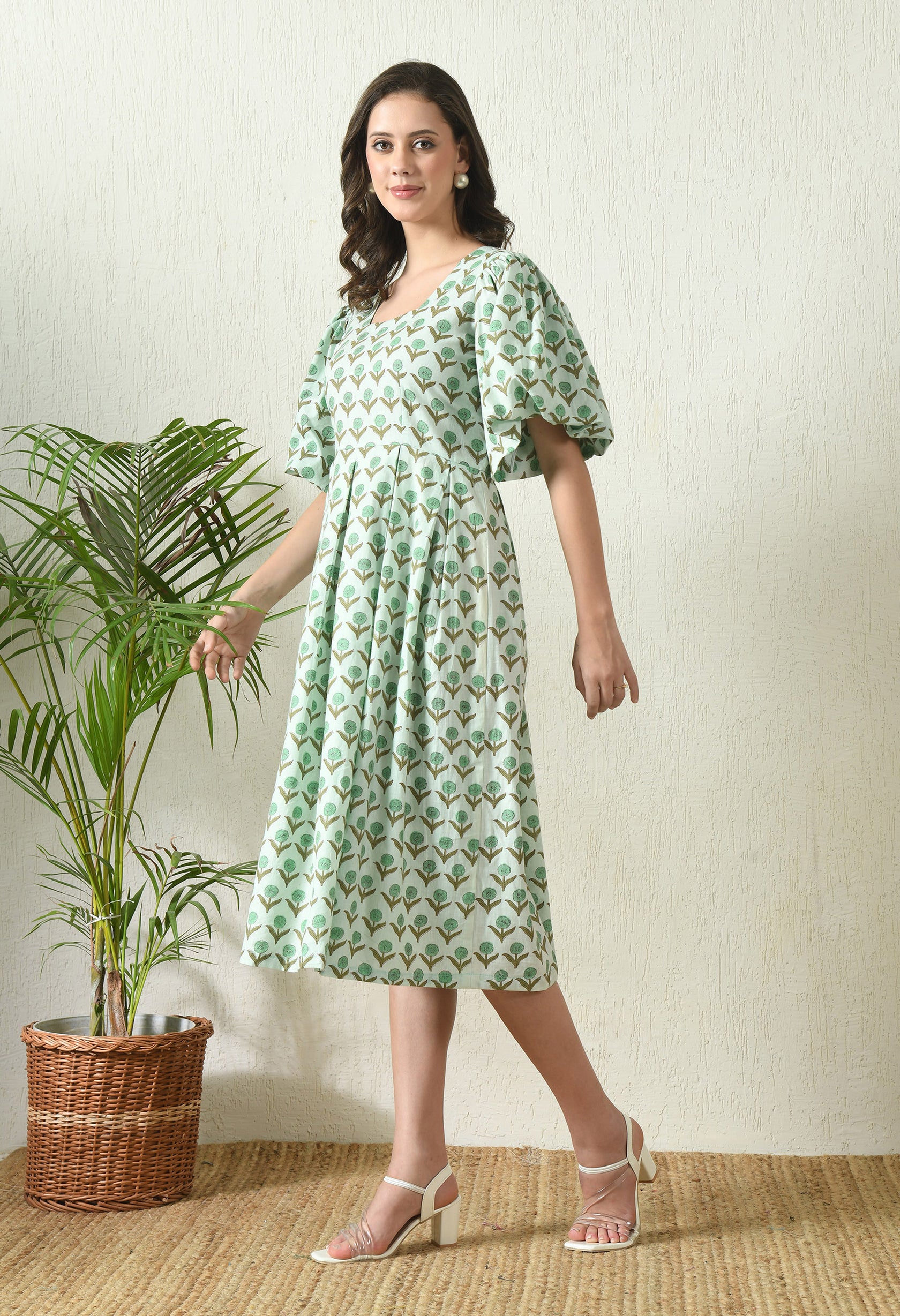 Purple - Block Print Cotton Flared Sanganeri Dress 10