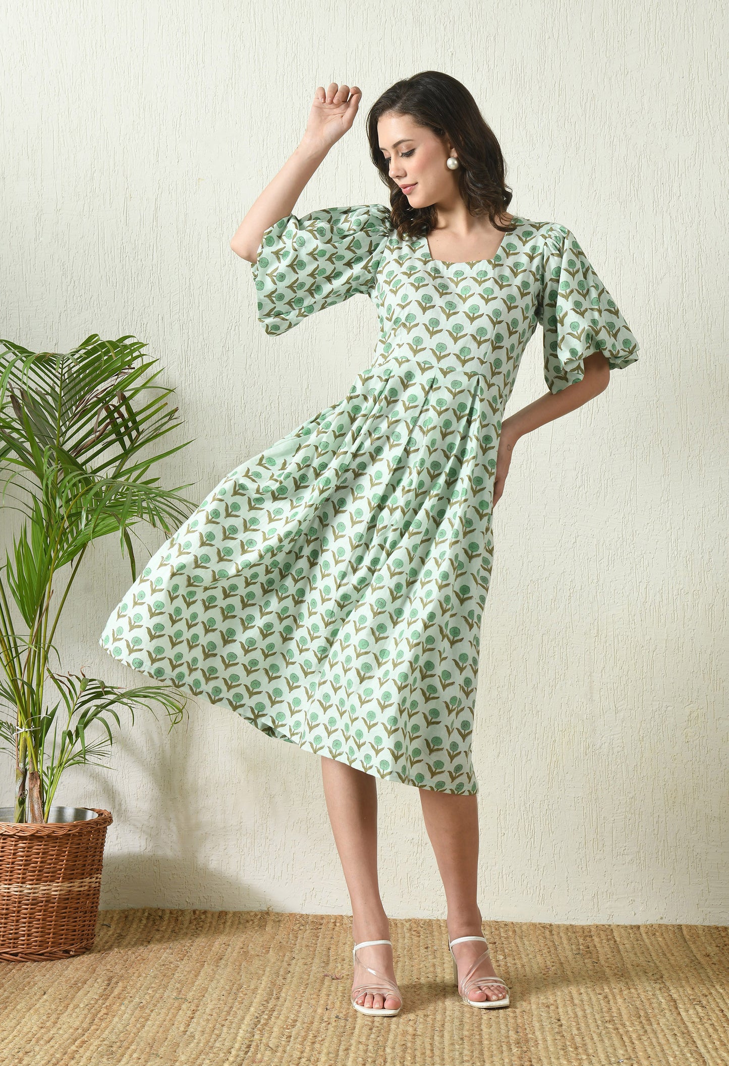 Sea Green Sanganeri Hand Block Printed dress