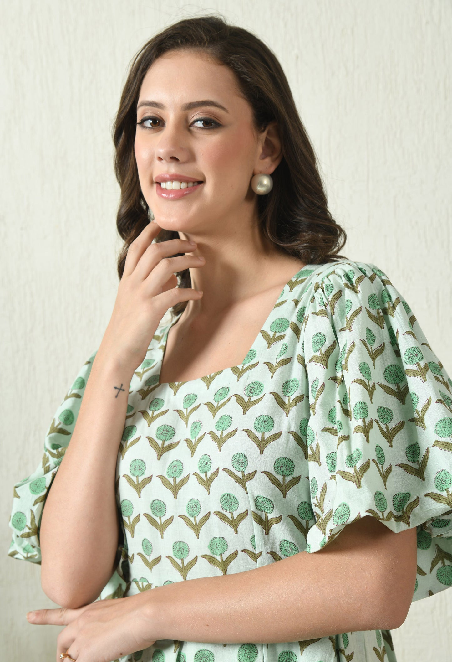 Sea Green Sanganeri Hand Block Printed dress