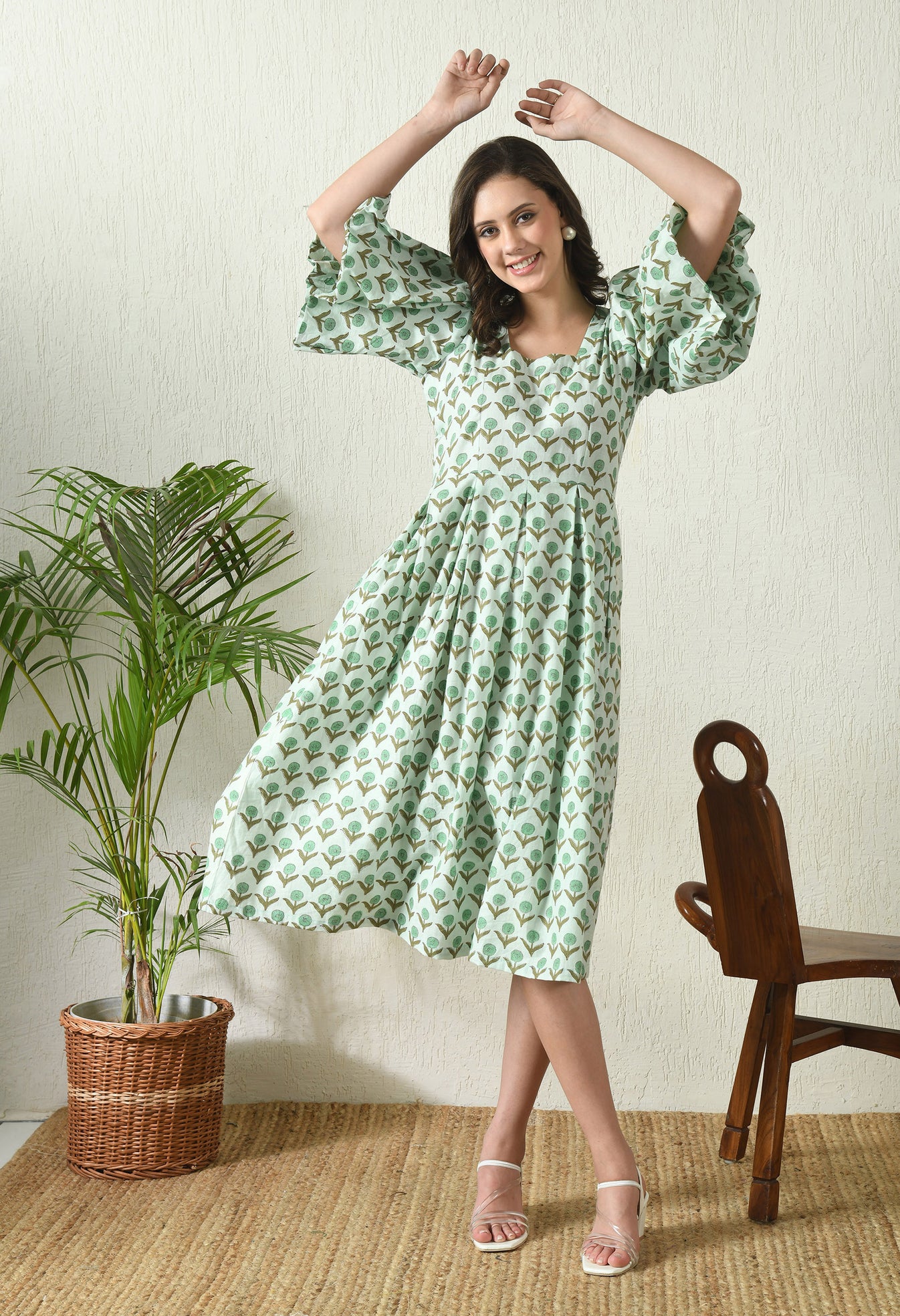 Beige - Block Print Cotton Tiered Sanganeri Dress 03