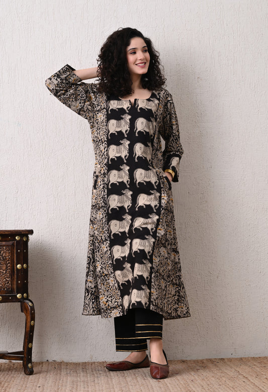 Black Kalamkari Hand block Printed A-line Cotton Kurta