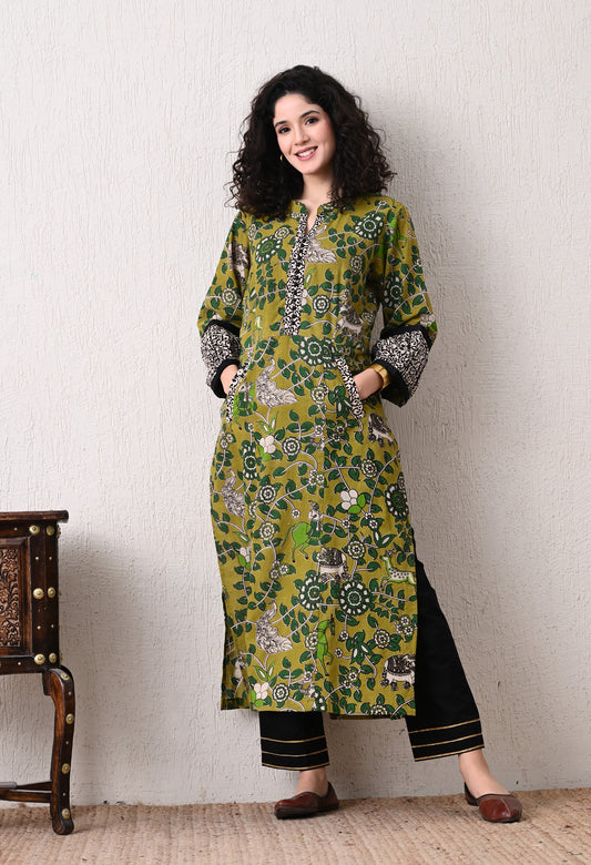 Green Printed Kalamkari Cotton Kurta