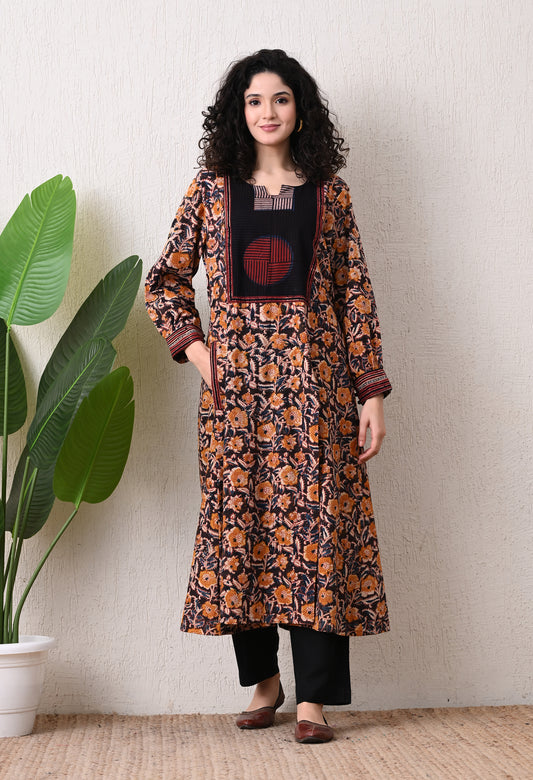 Black and Mustard Kalamkari Hand block Printed Cotton Kurta