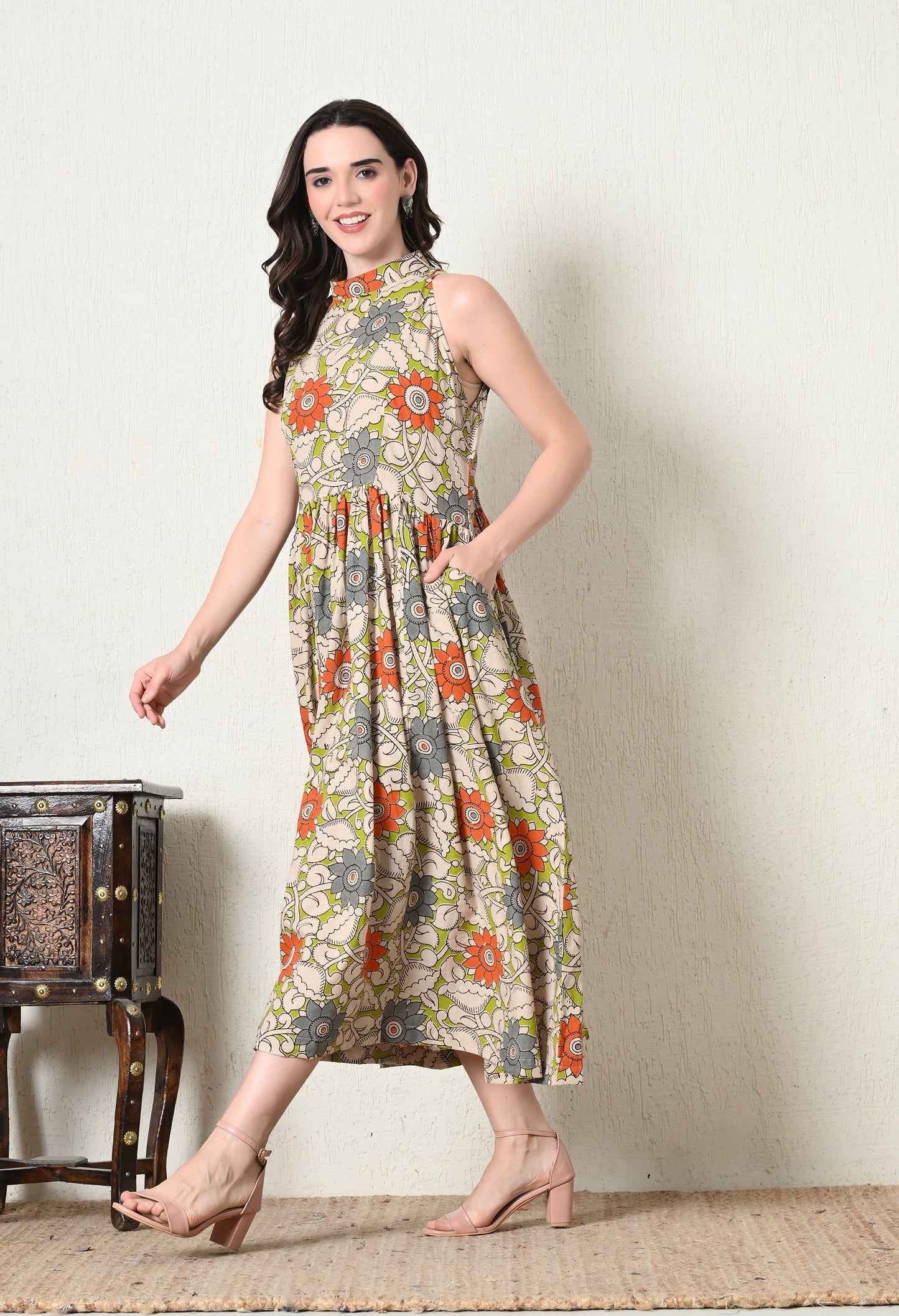 Floral Kalamkari Printed Long Cotton Dress