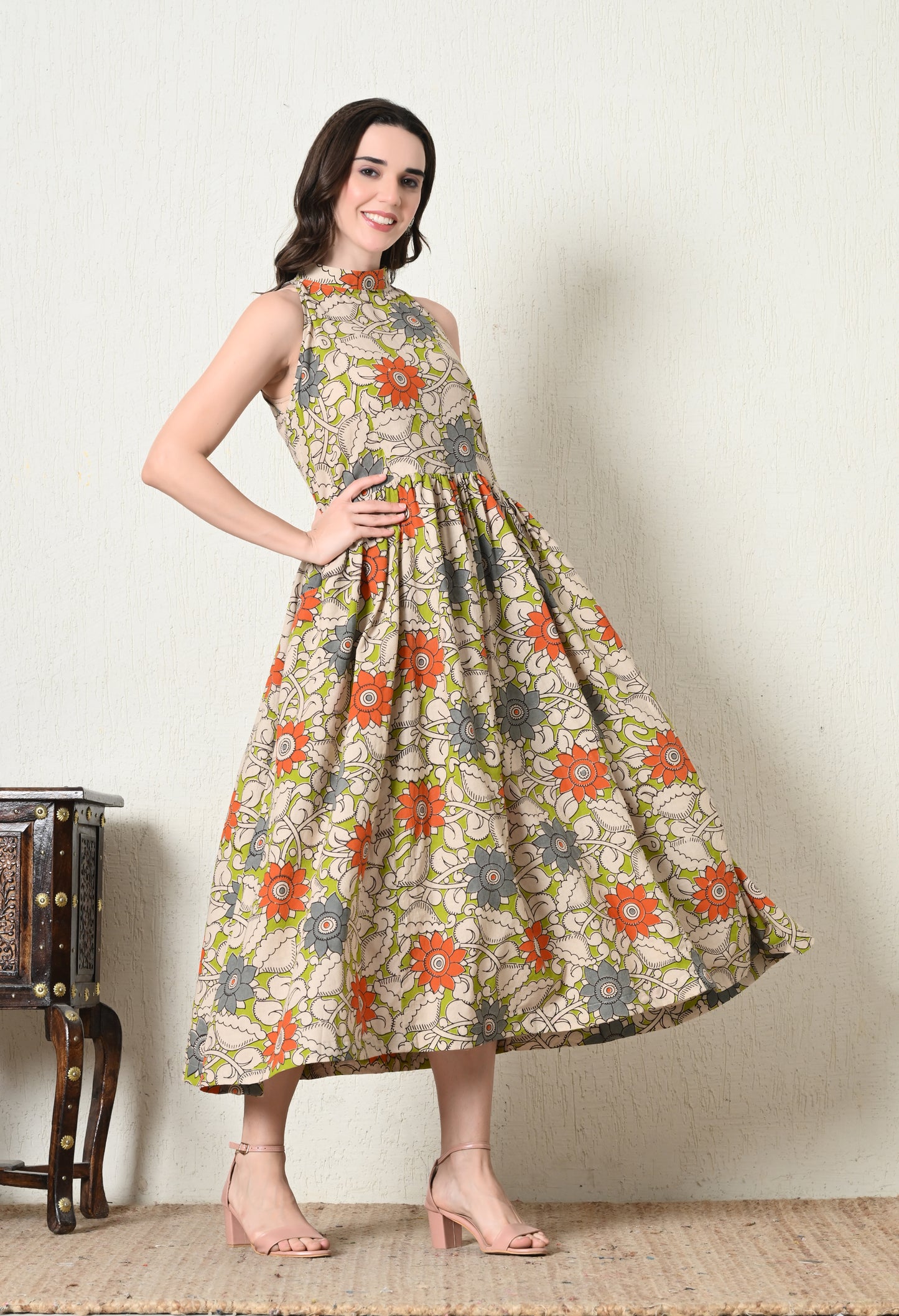 Floral Kalamkari Printed Long Cotton Dress