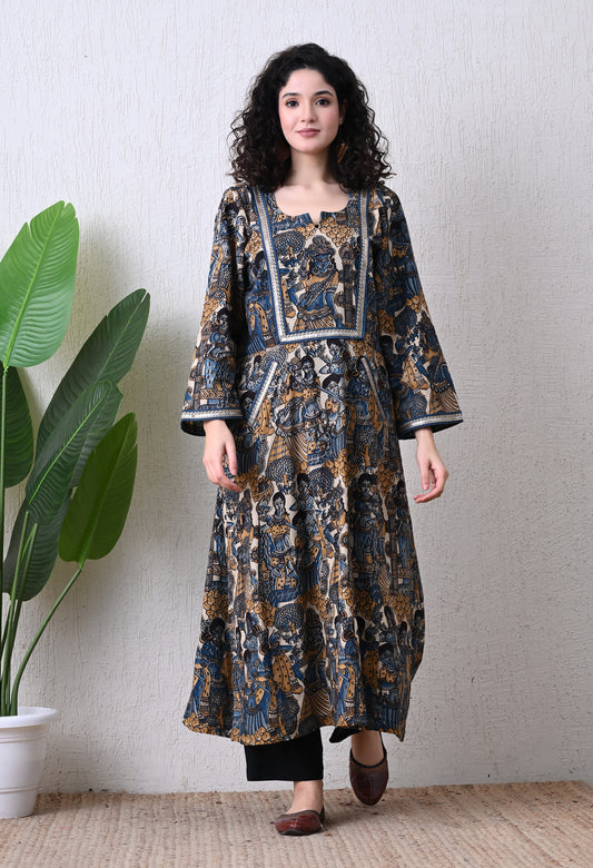 Blue and Mustard Kalamkari Hand Block Cotton Kali kurta