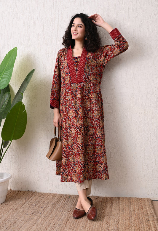 Maroon Kalamkari Hand block Printed A-Line Cotton kurta