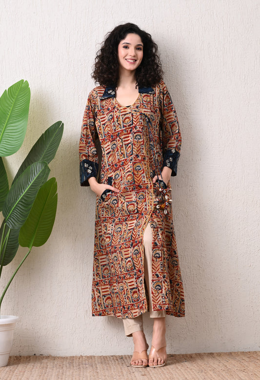 Blue and Maroon Kalamkari Hand Block A -Line Cotton Kurta