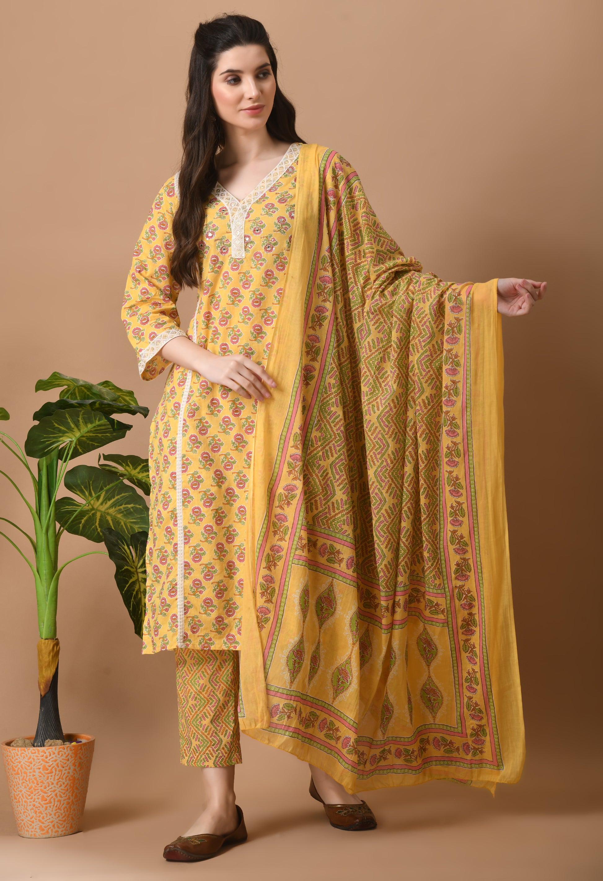 Yellow Cotton 3 Pc Kurta Set