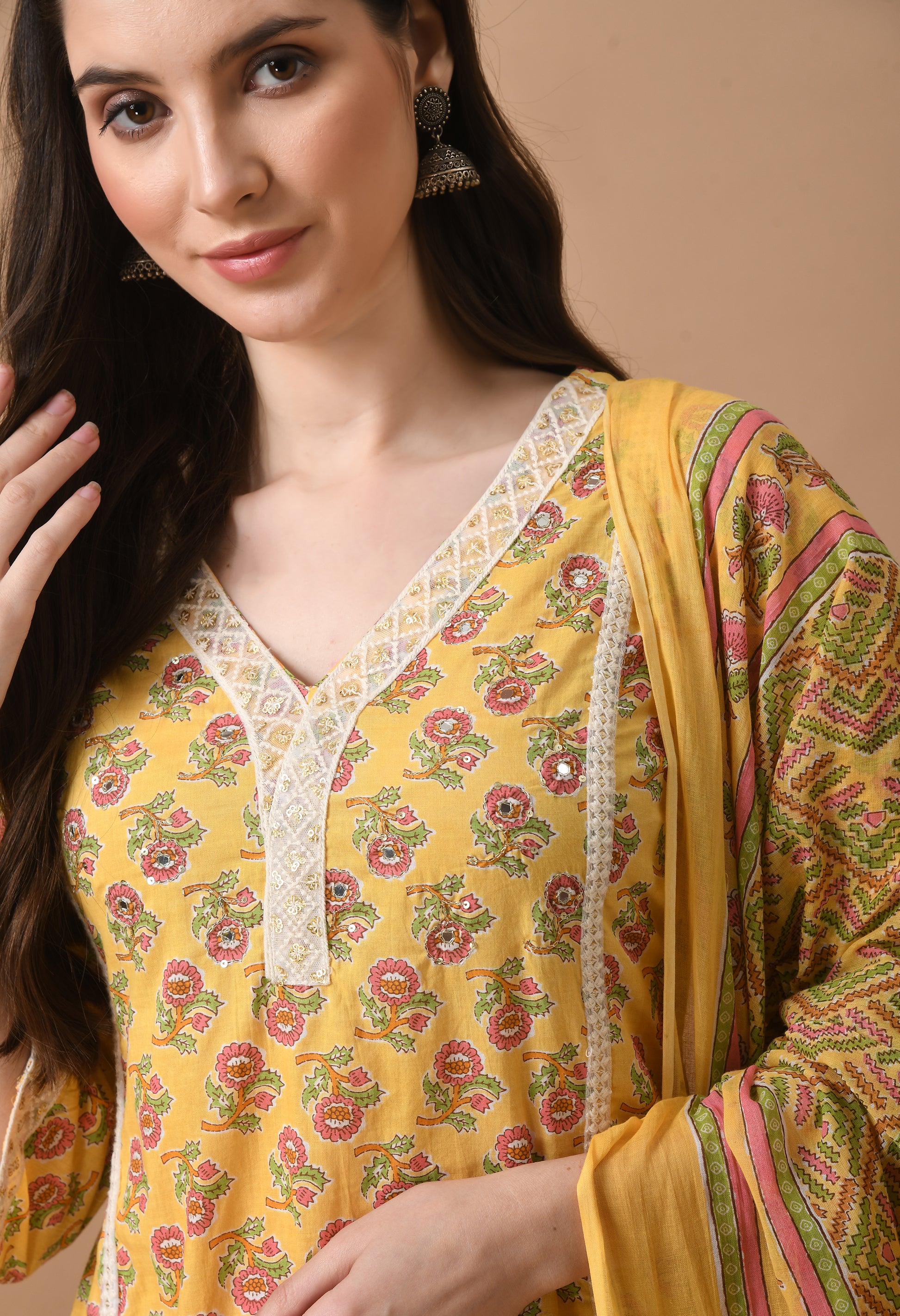 Yellow Cotton 3 Pc Kurta Set