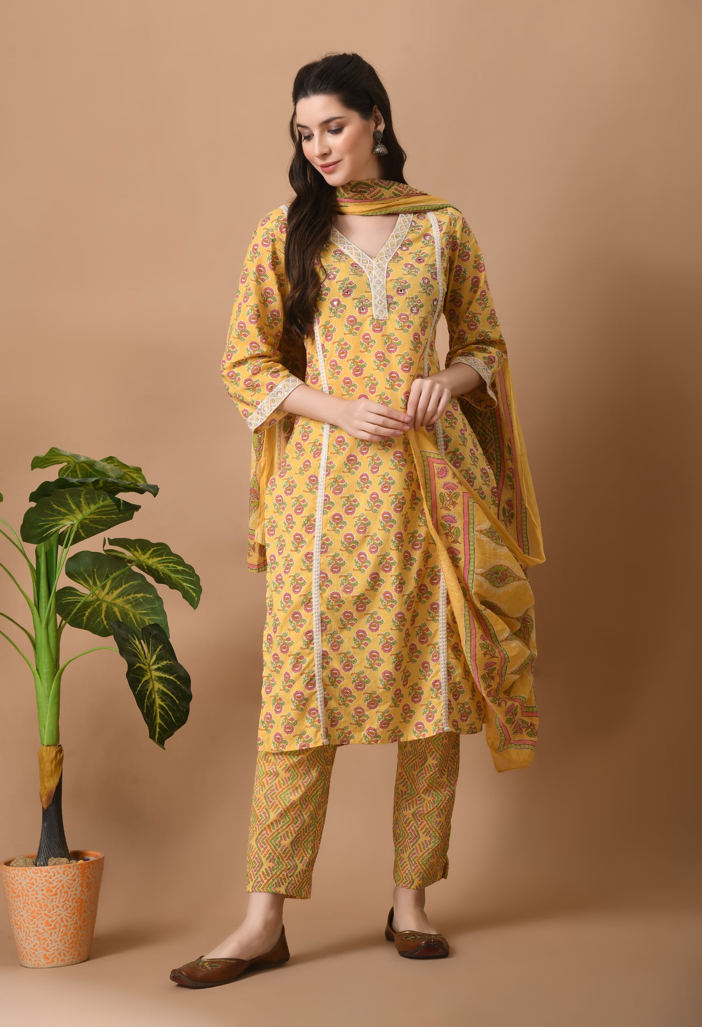 Yellow Cotton 3 Pc Kurta Set