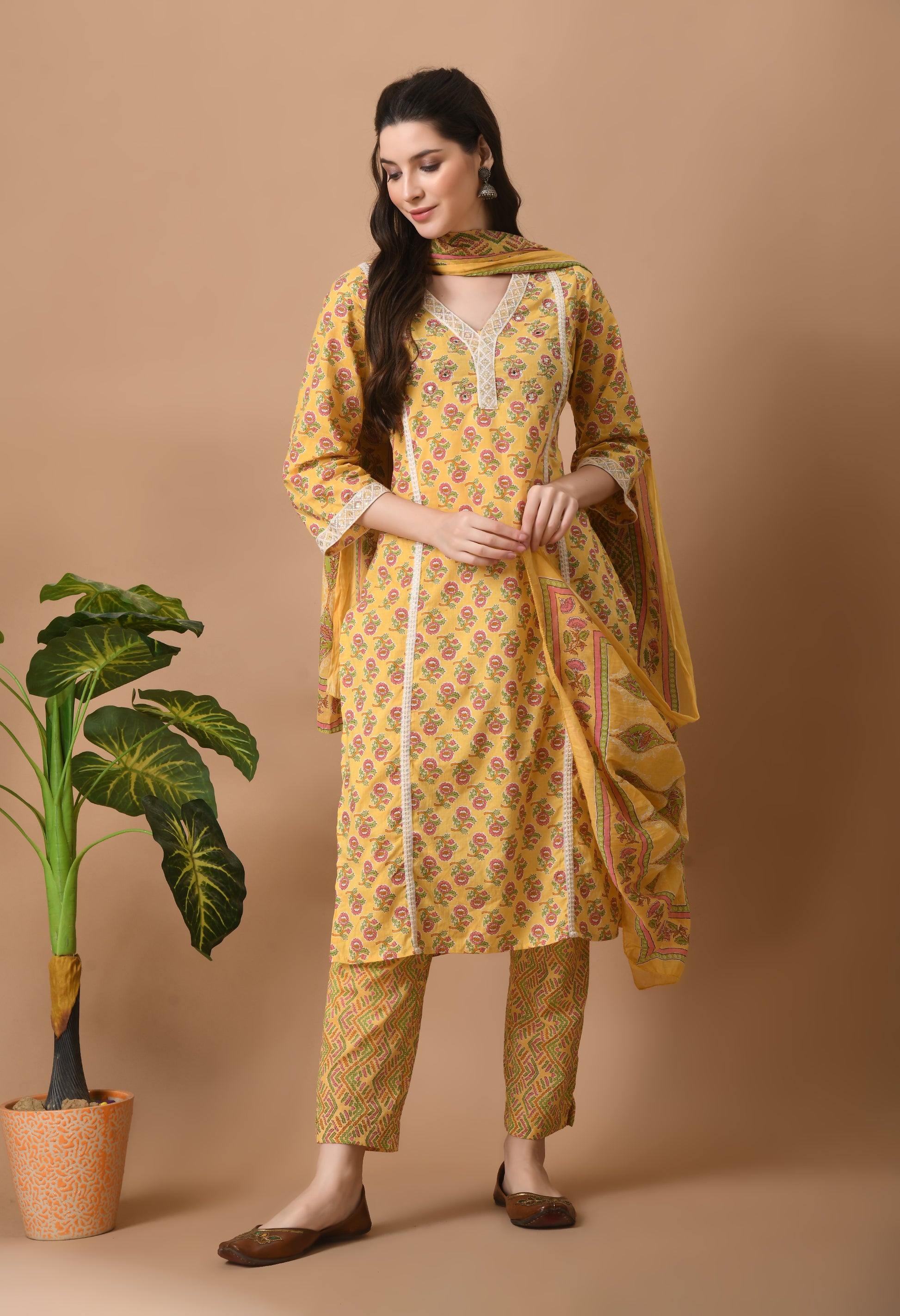 Yellow Cotton 3 Pc Kurta Set