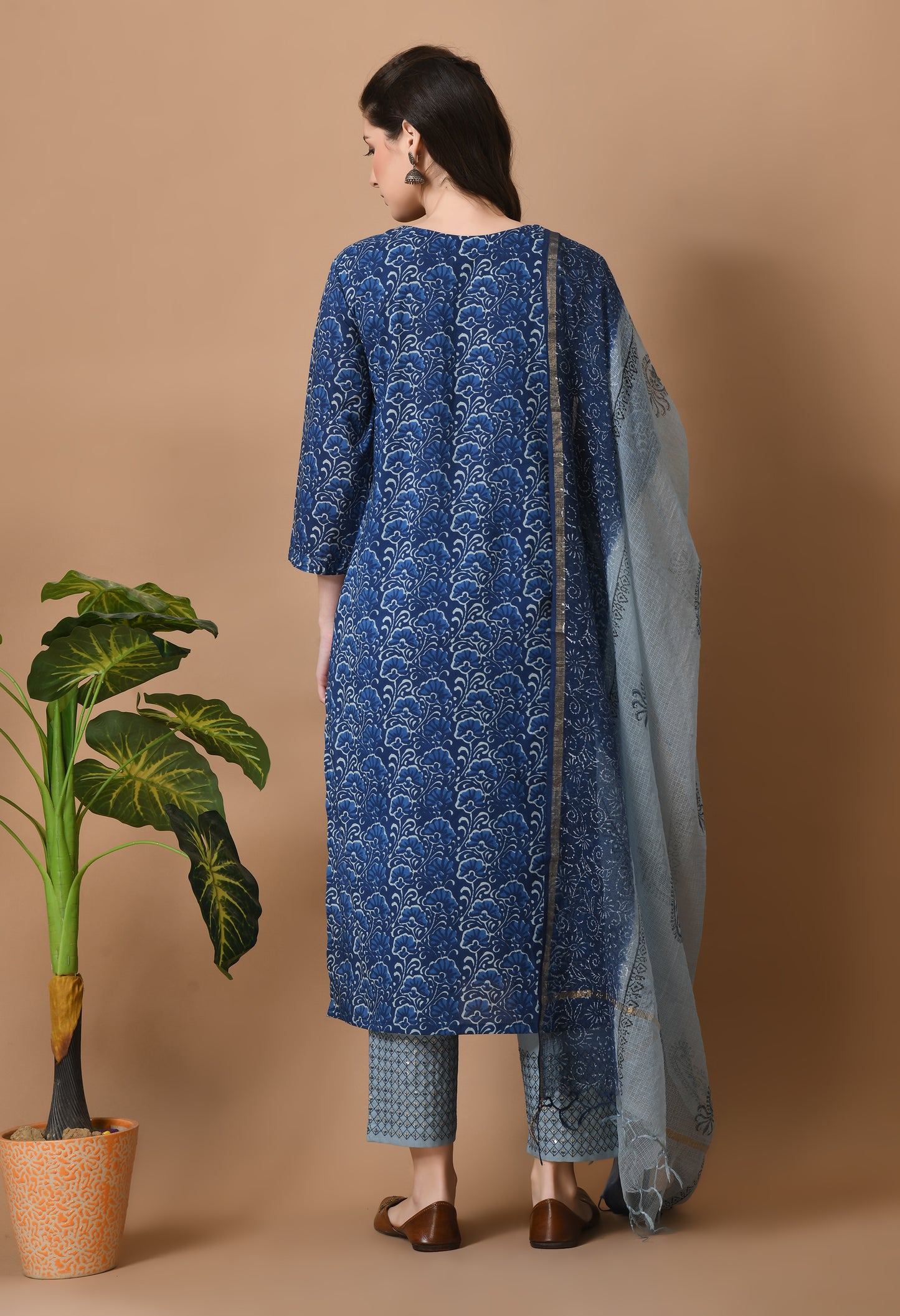 Blue Cotton Printed 3 Pc Kurta Set