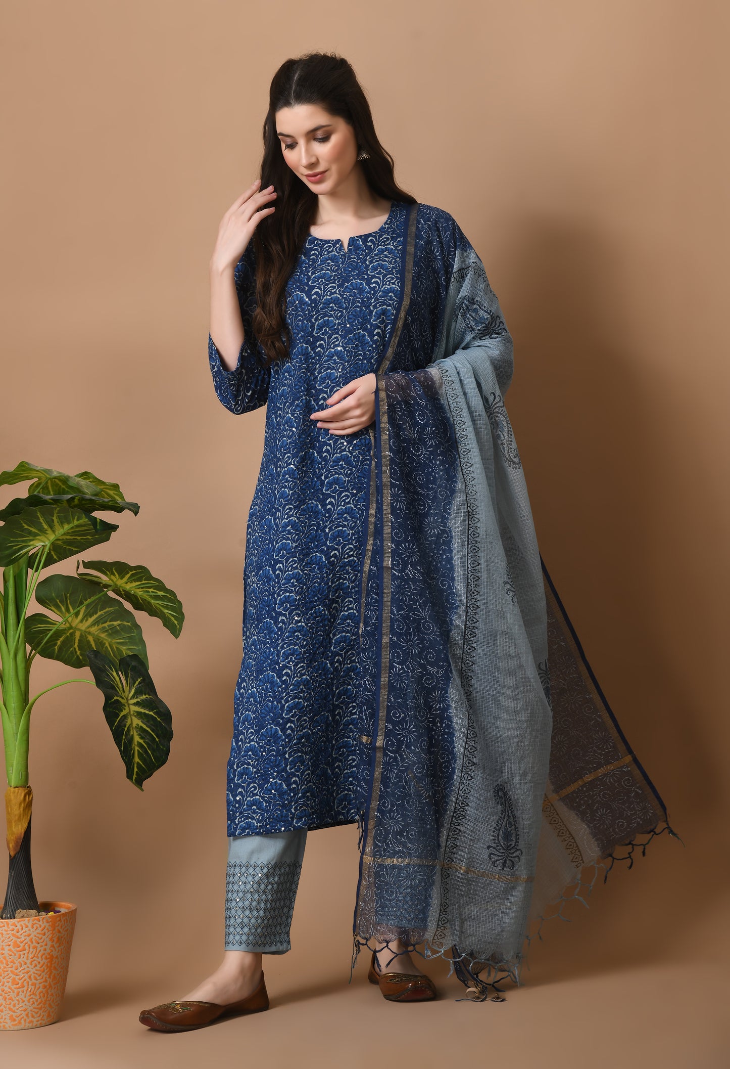 Blue Cotton Printed 3 Pc Kurta Set