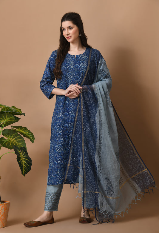 Blue Cotton Printed 3 Pc Kurta Set