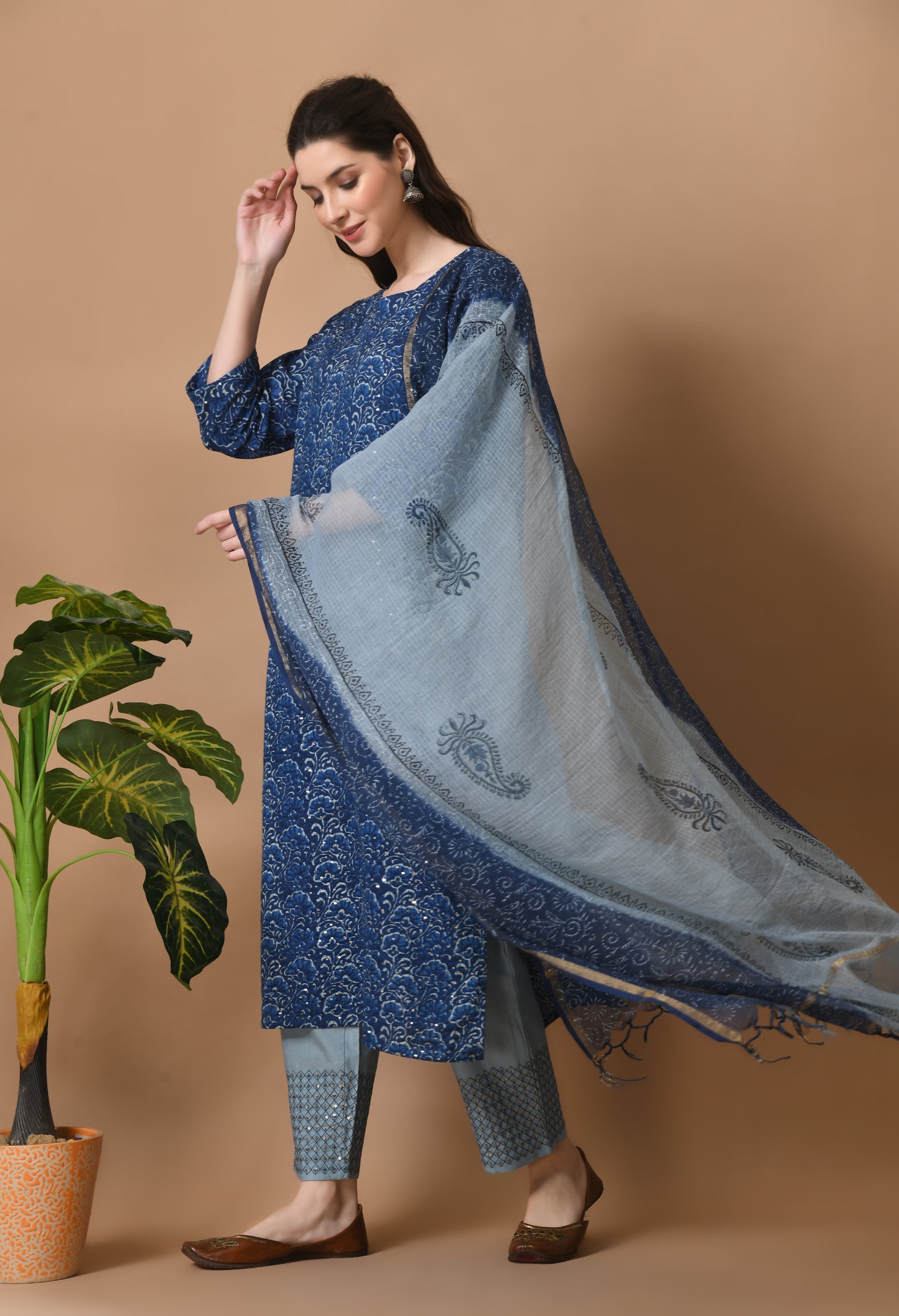 Blue Cotton Printed 3 Pc Kurta Set