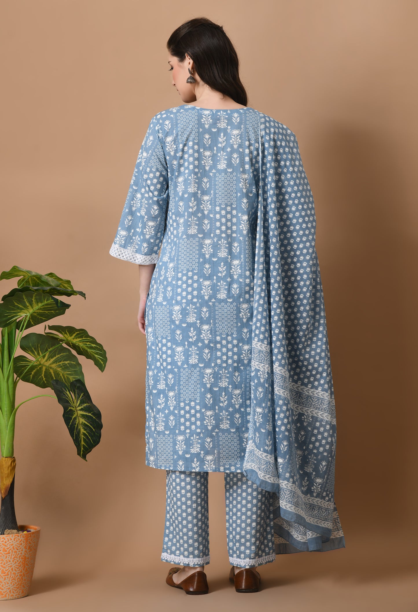 Light Blue Cotton Printed 3 Pc Kurta Set