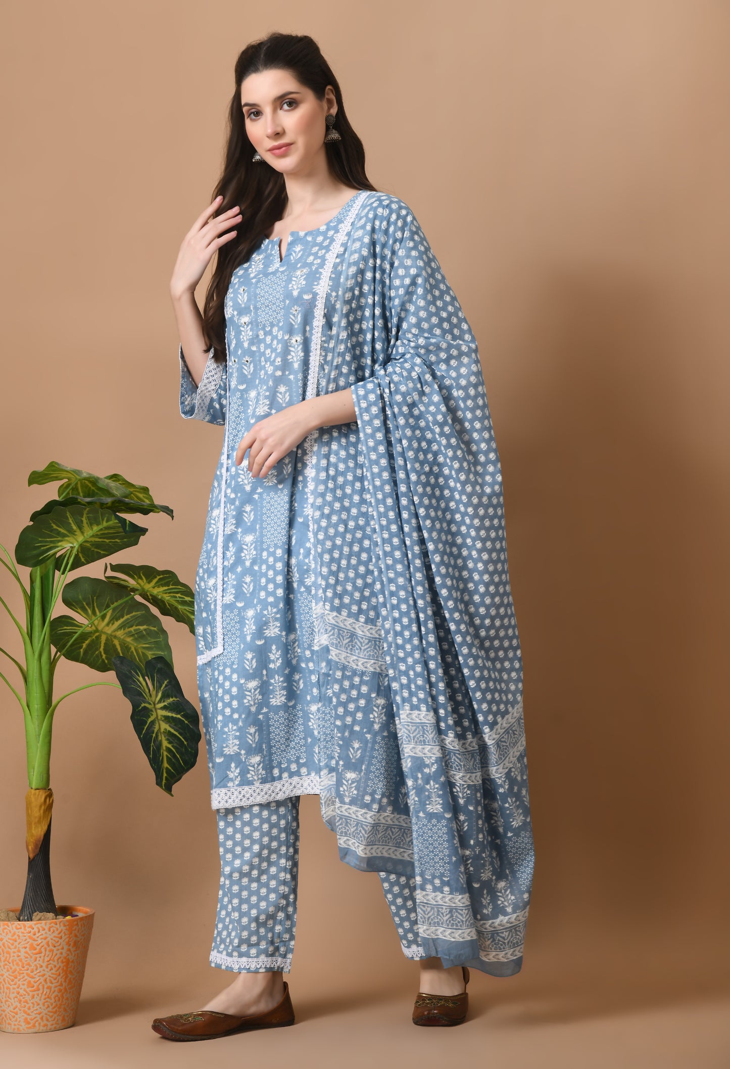 Light Blue Cotton Printed 3 Pc Kurta Set