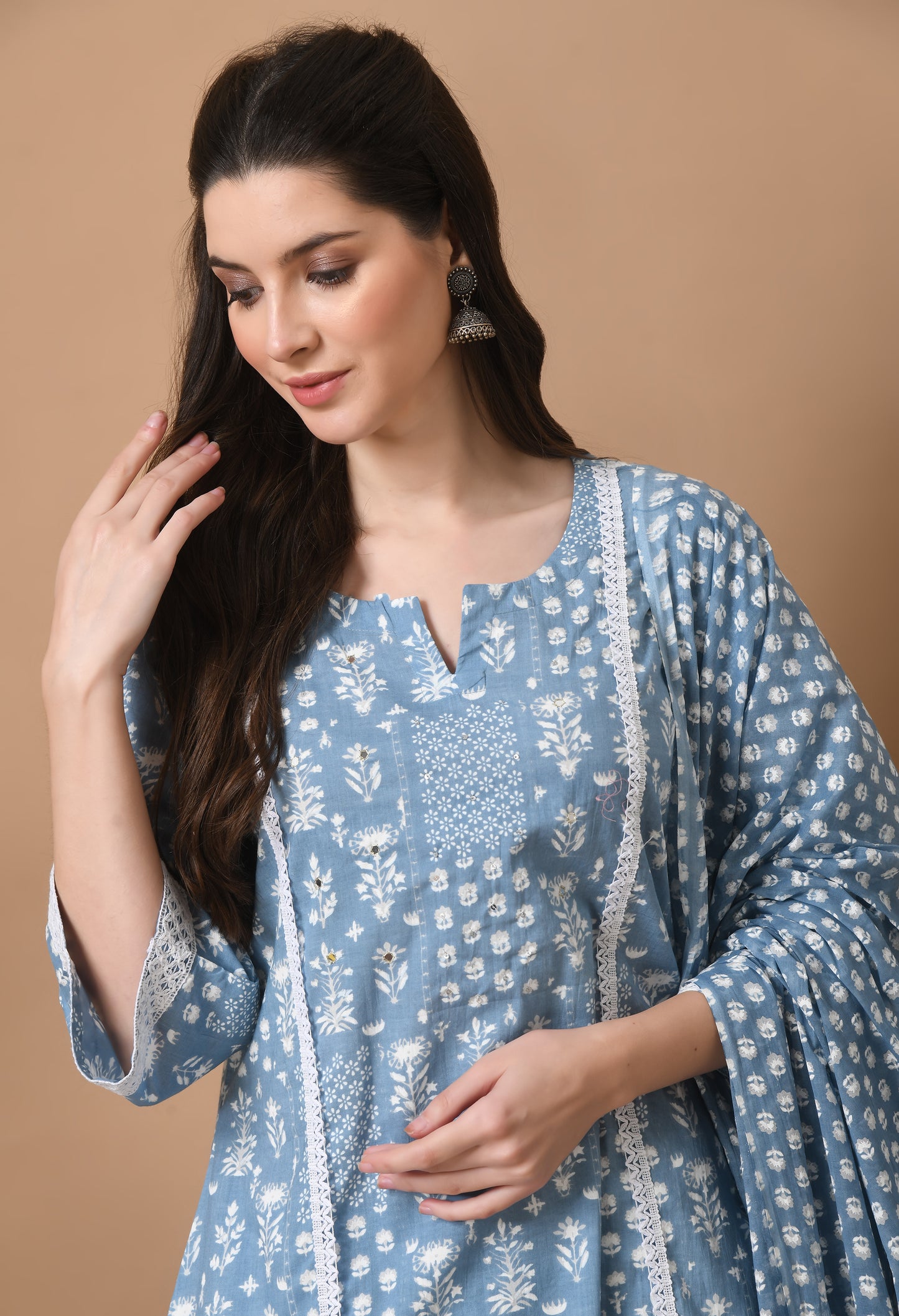 Light Blue Cotton Printed 3 Pc Kurta Set