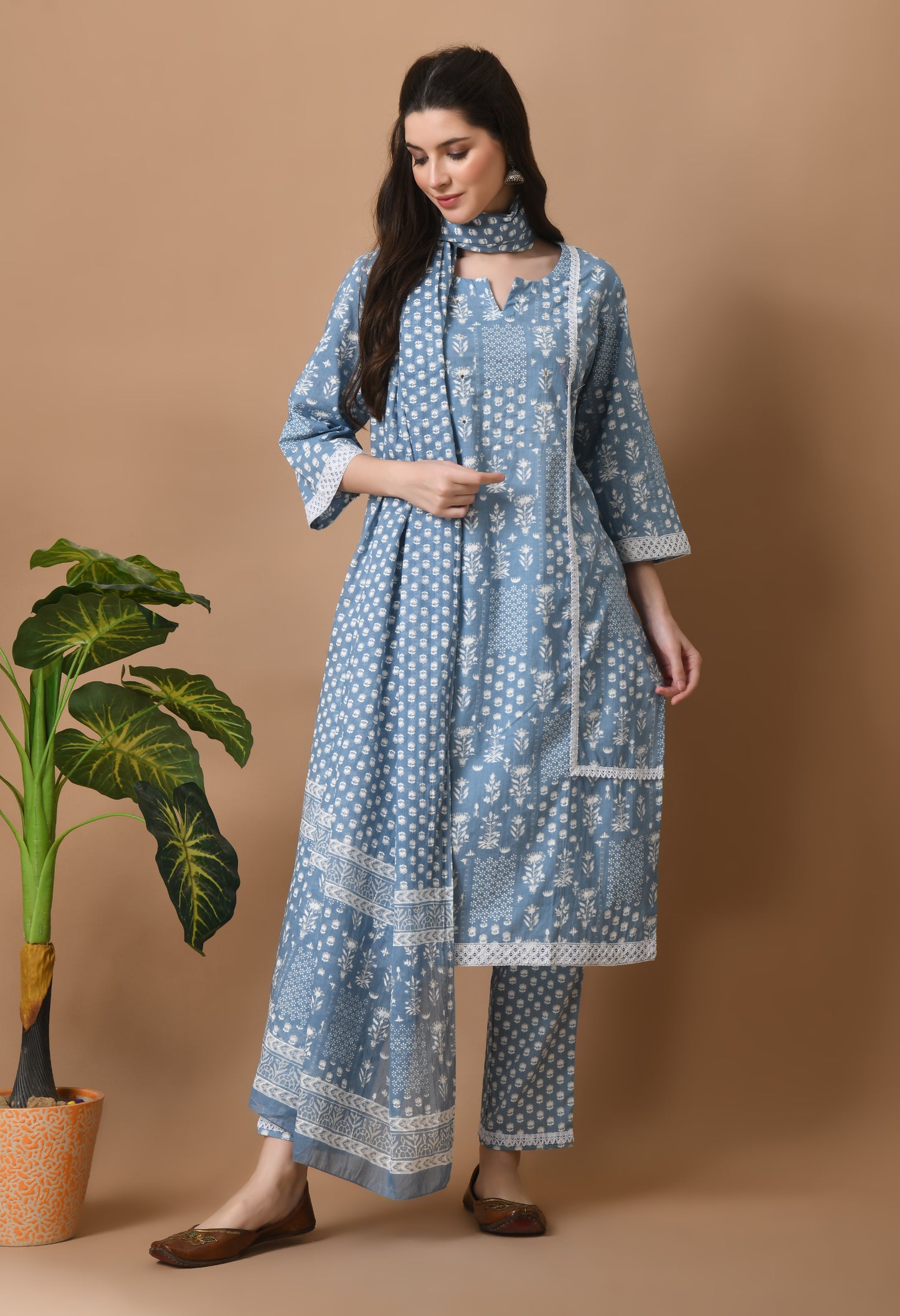 Light Blue Cotton Printed 3 Pc Kurta Set