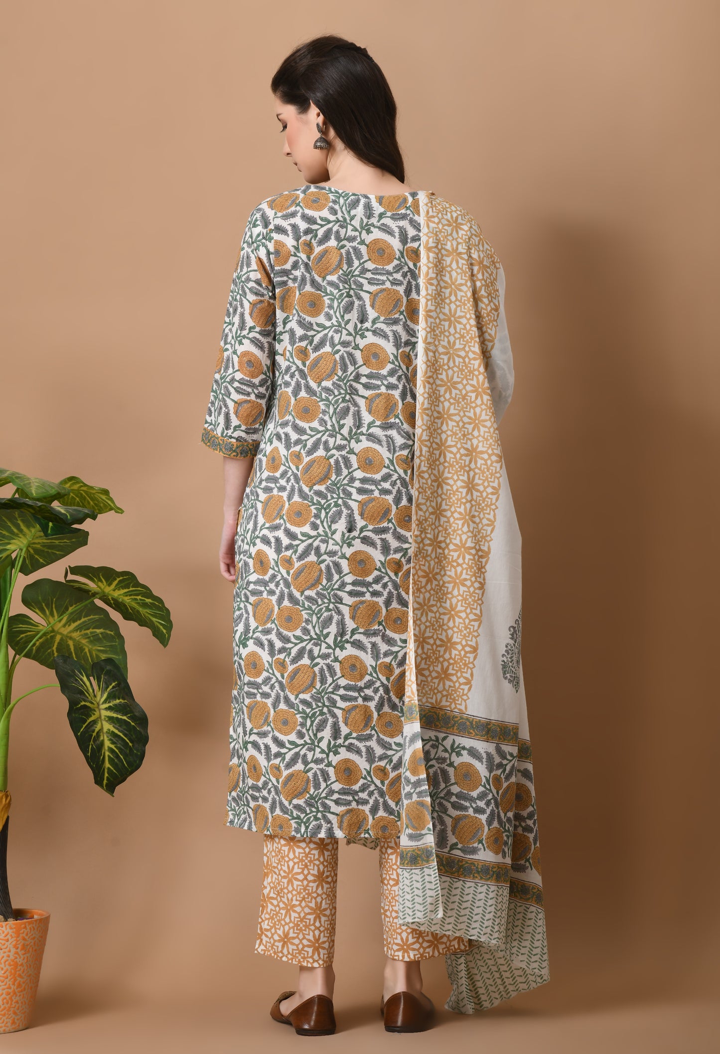 White and brown 3 pc cotton printed suit set