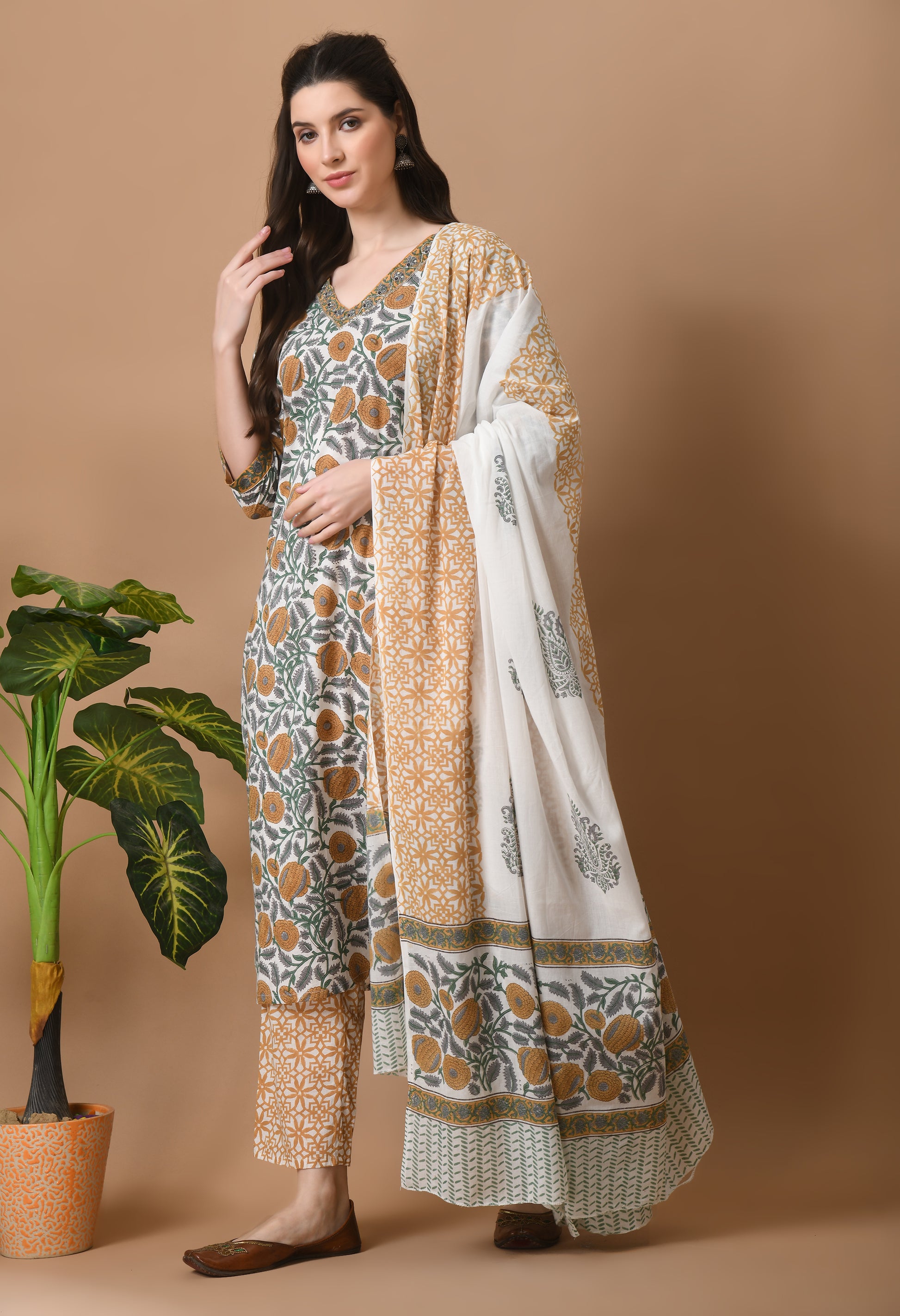 White and brown 3 pc cotton printed suit set