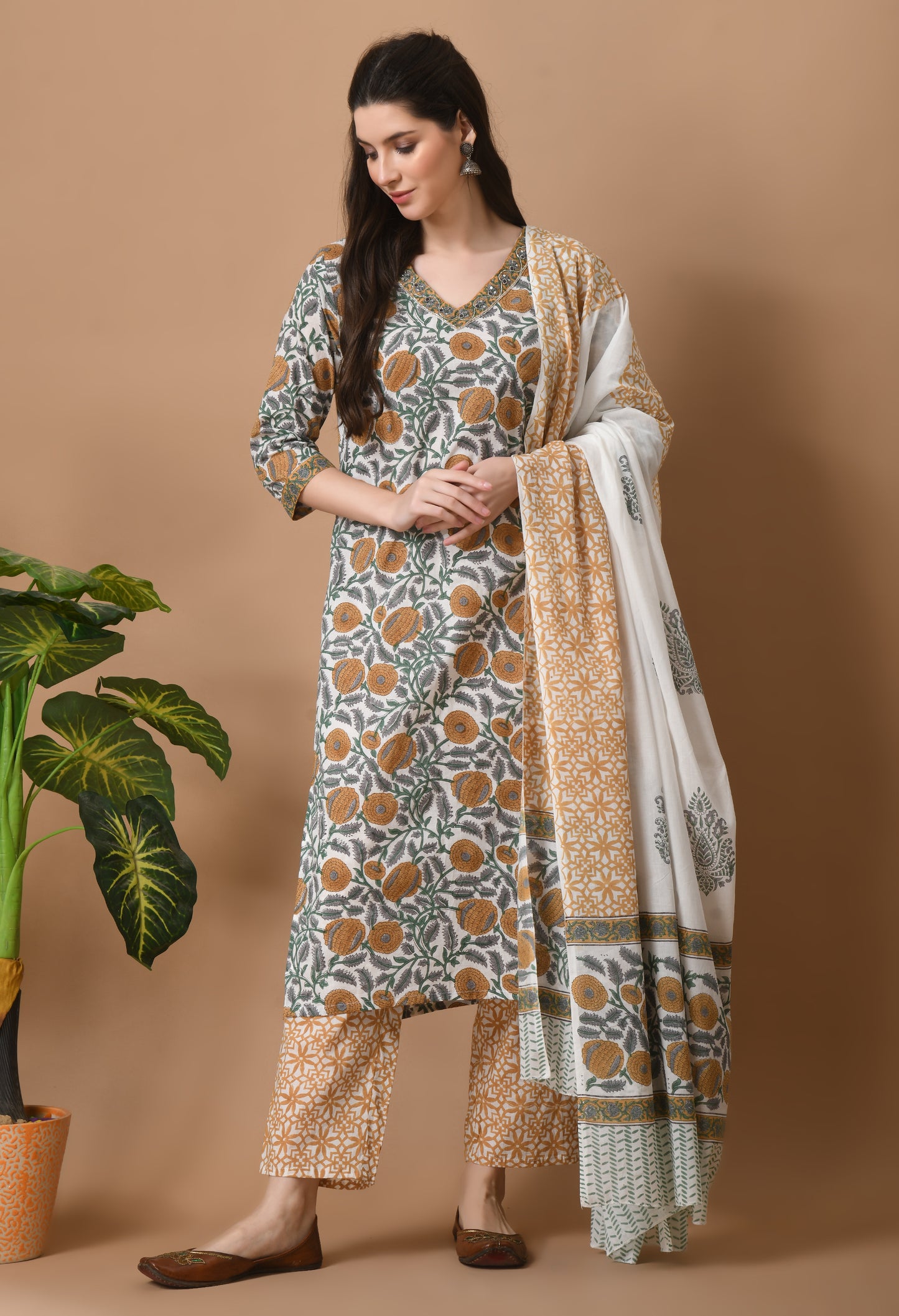 White and brown 3 pc cotton printed suit set