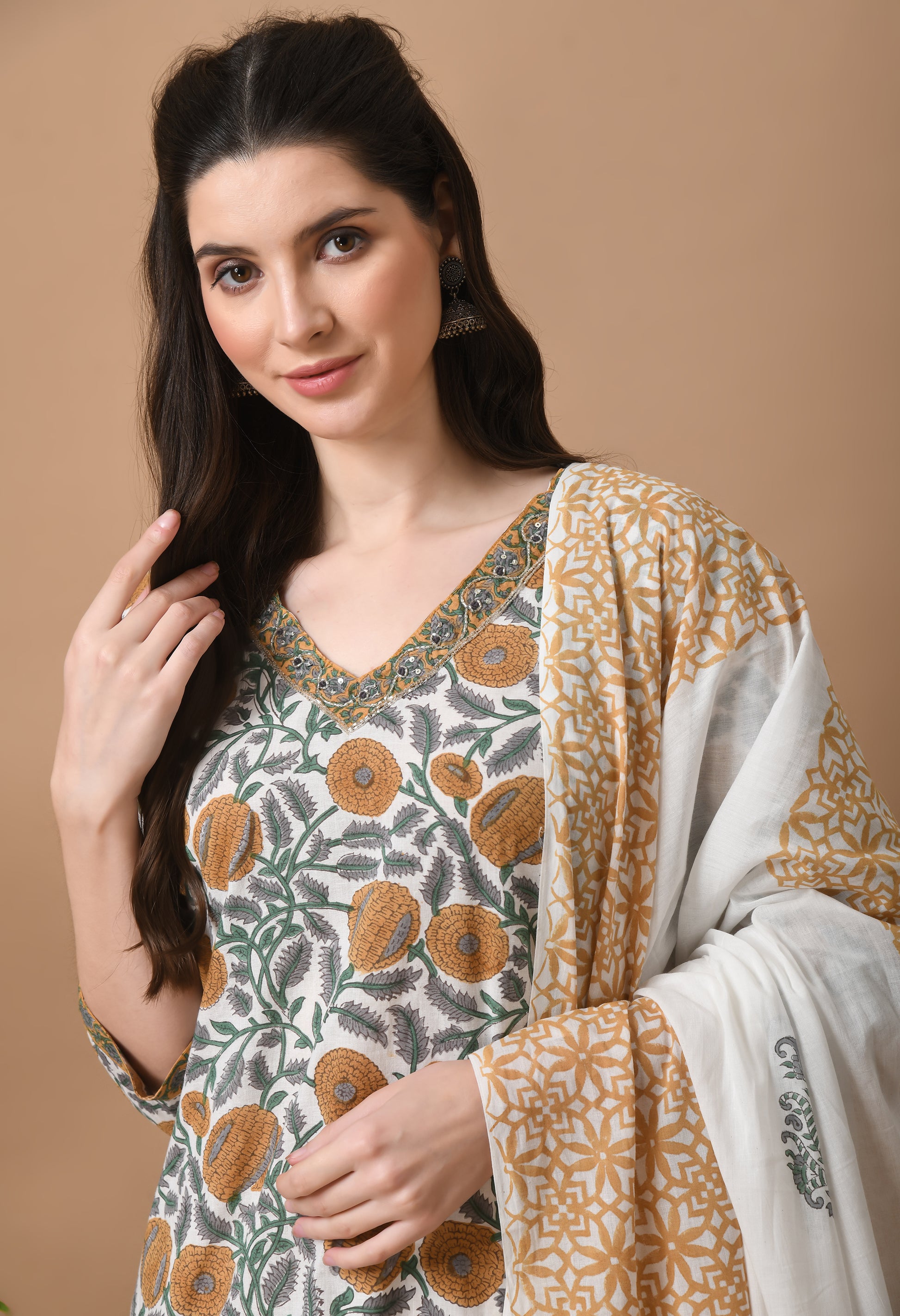 White and brown 3 pc cotton printed suit set