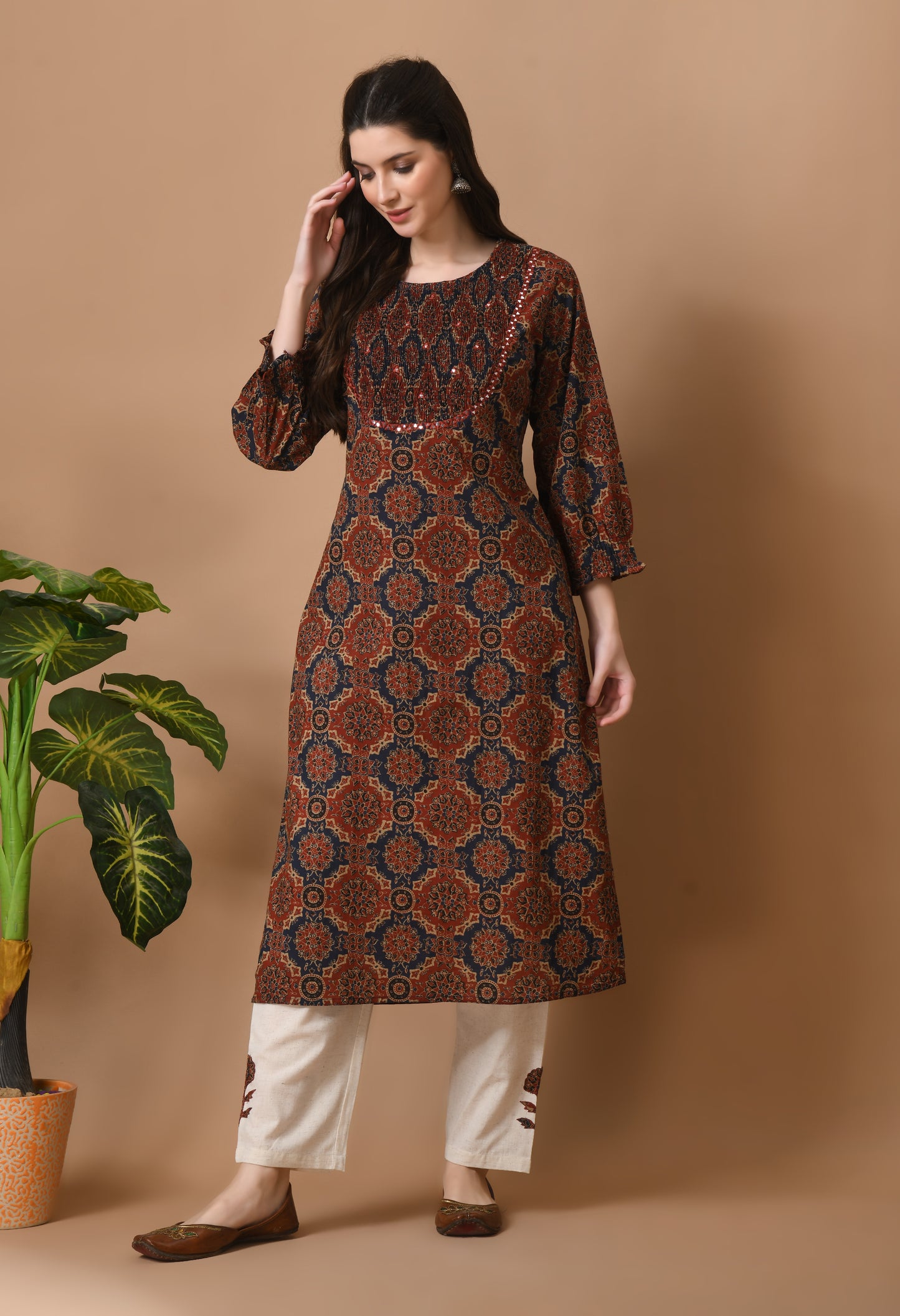 Maroon Cotton Ajrakh Printed 2 Pc Kurta Set