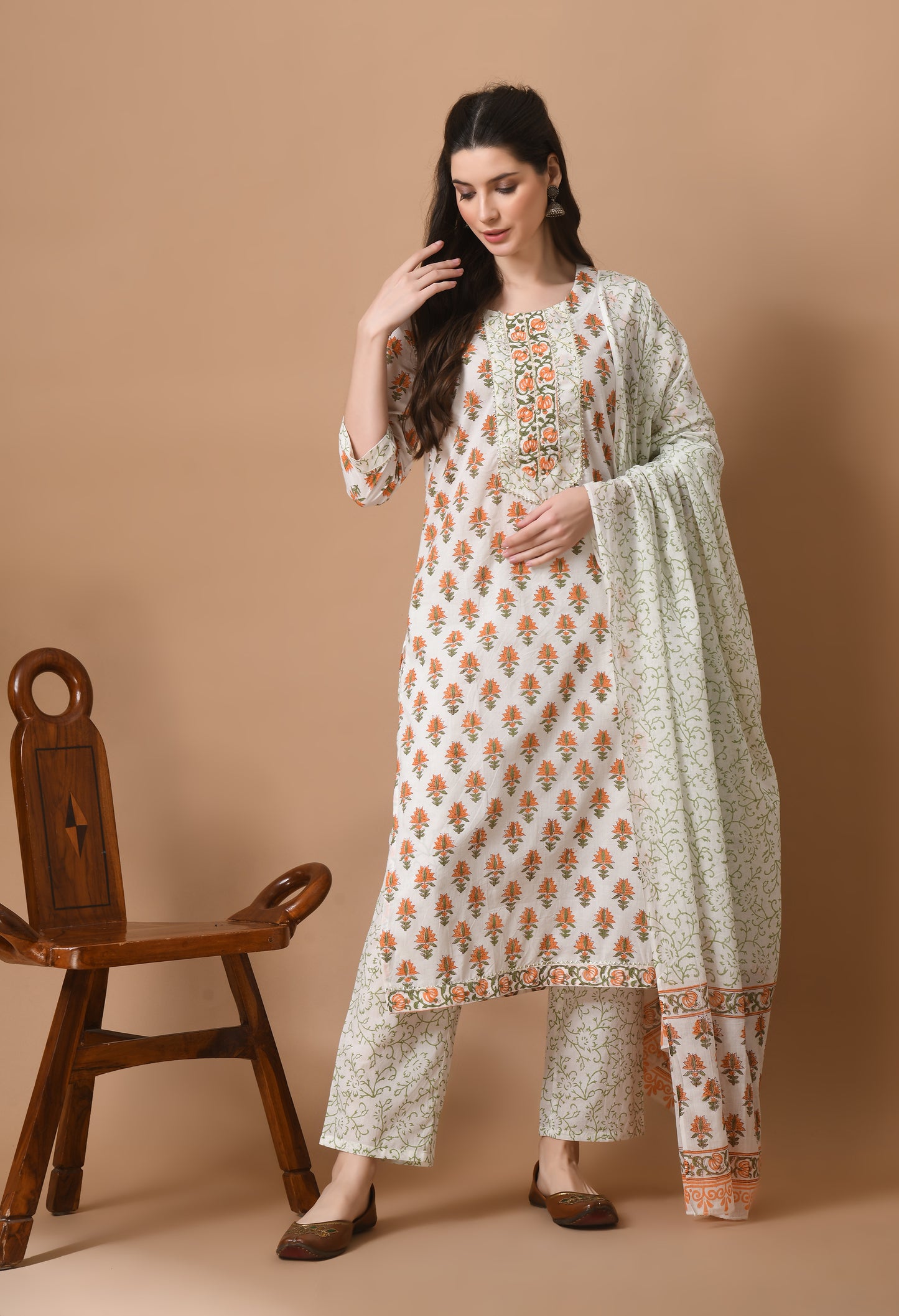 White Cotton Printed 3 Pc Kurta Set