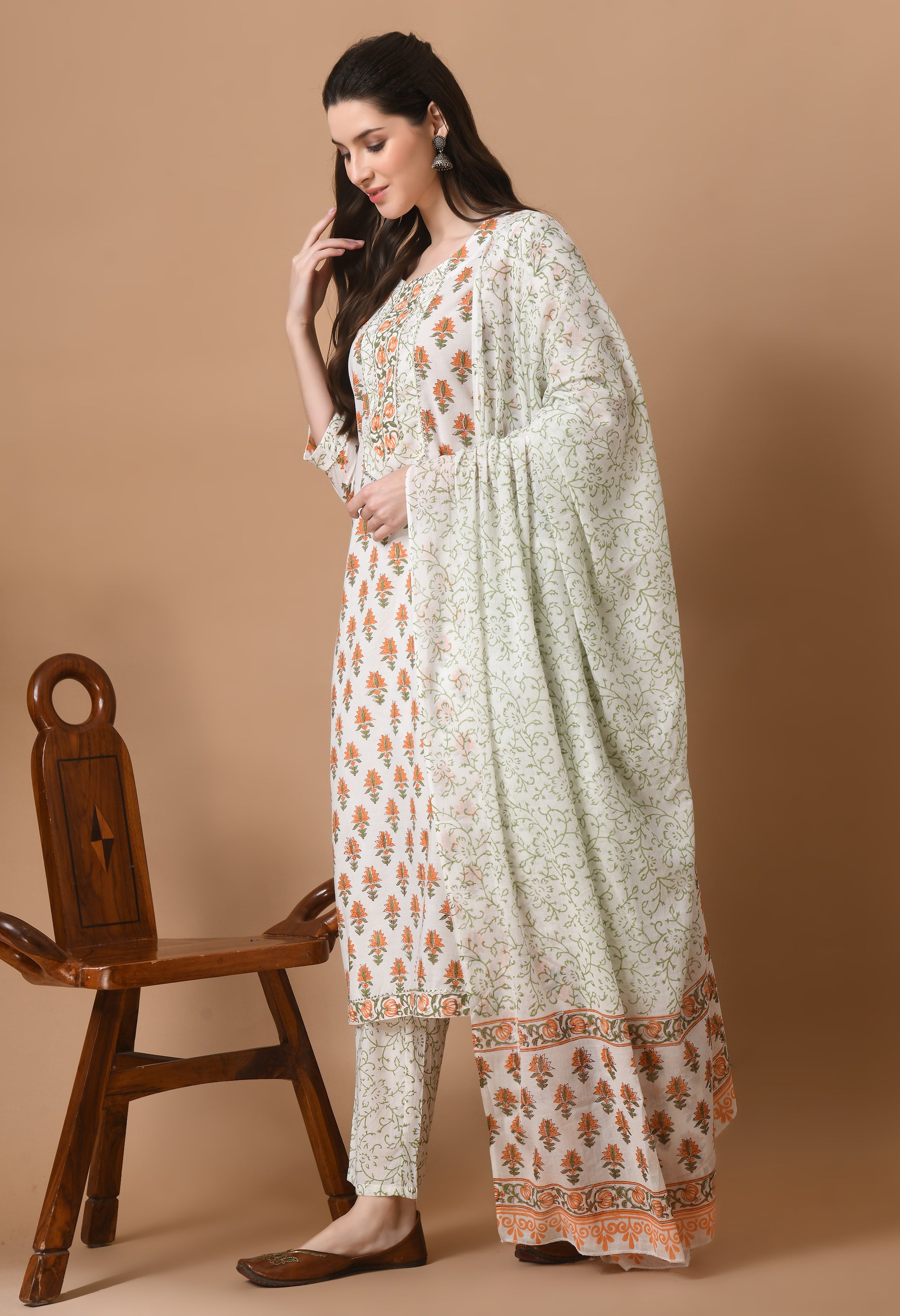 White Cotton Printed 3 Pc Kurta Set