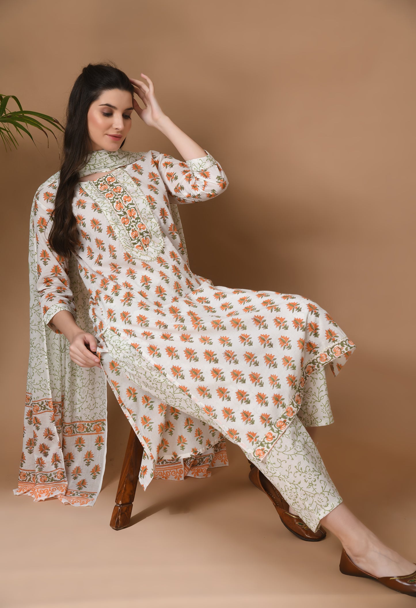 White Cotton Printed 3 Pc Kurta Set