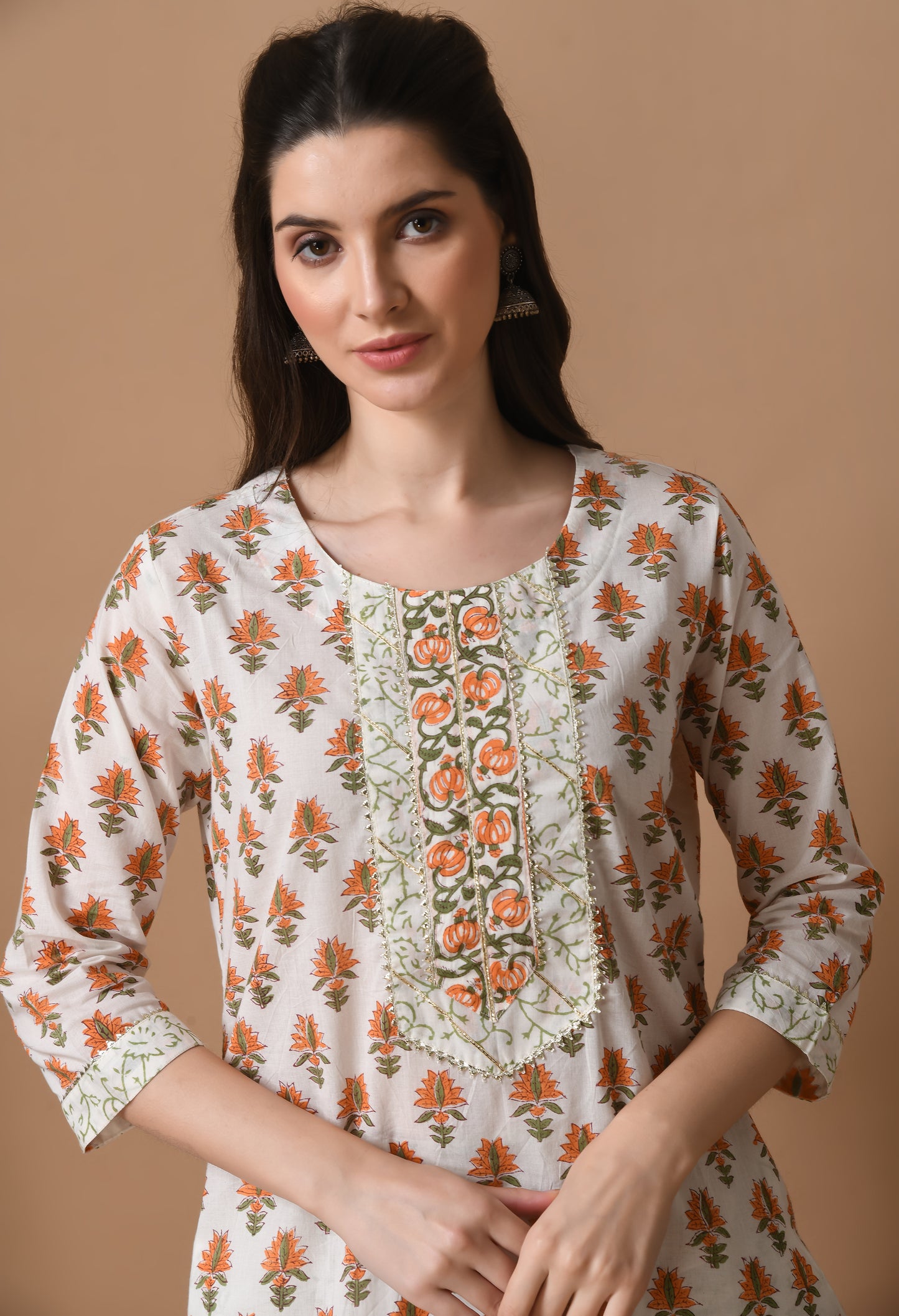 White Cotton Printed 3 Pc Kurta Set