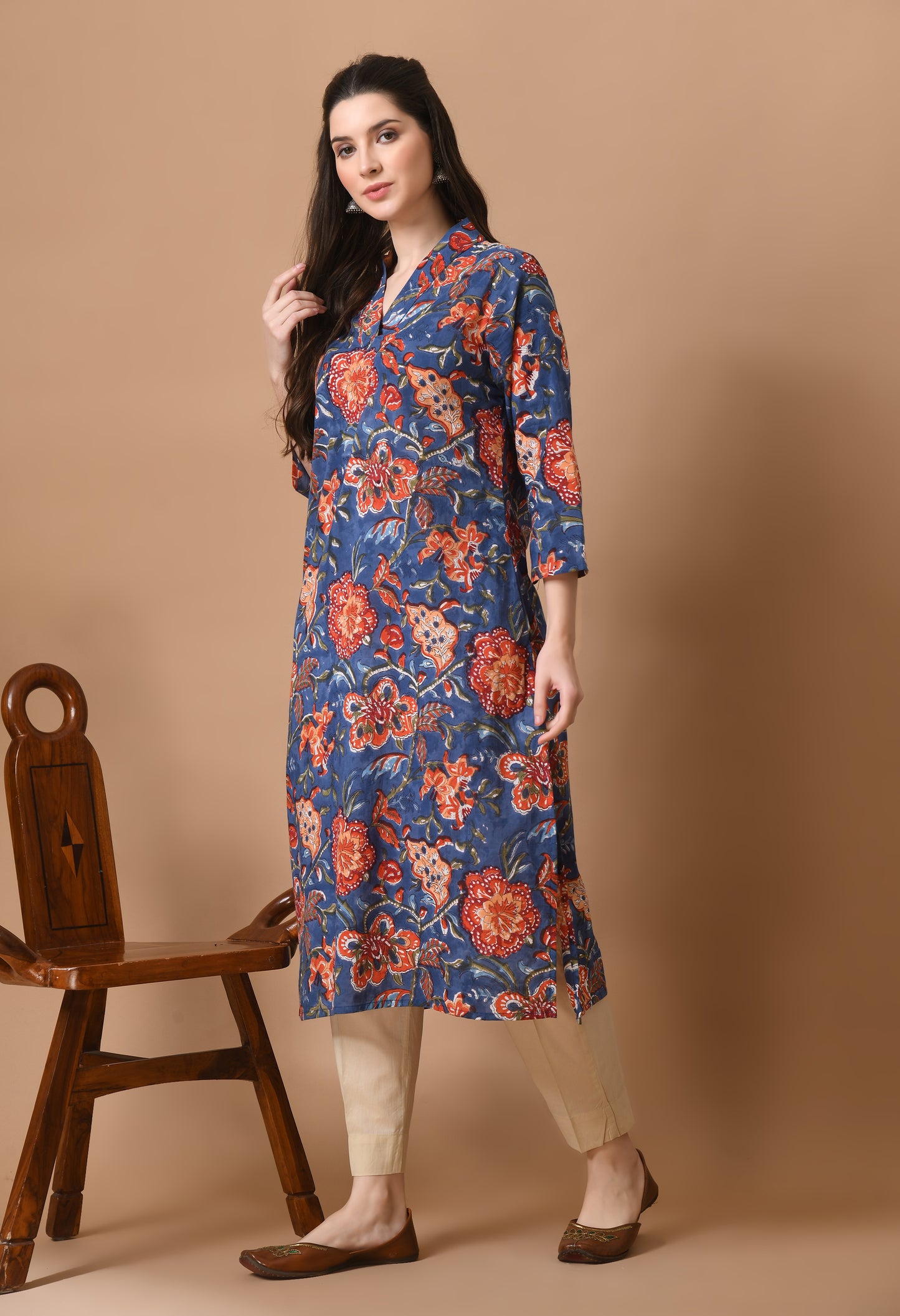 Blue Cotton Hand Block Printed Long Kurta