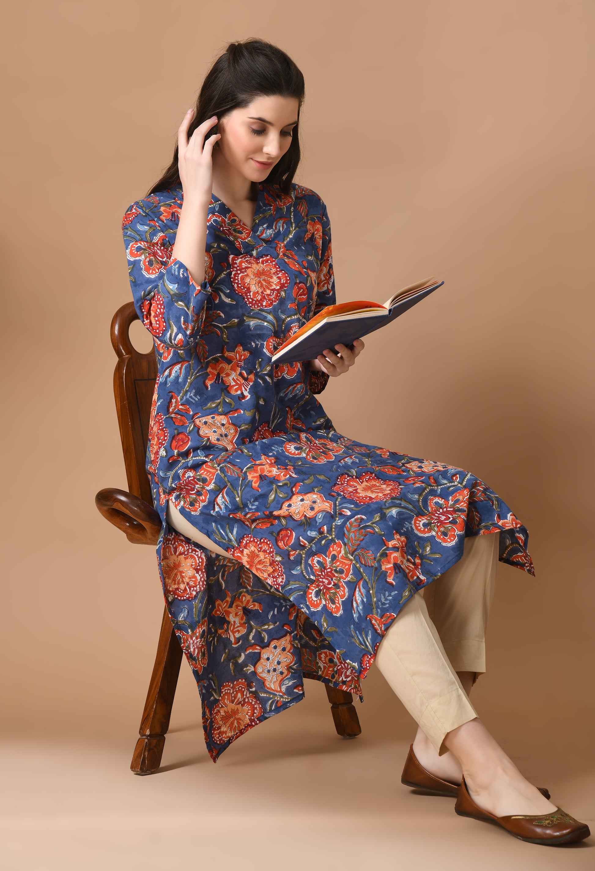 Blue Cotton Hand Block Printed Long Kurta