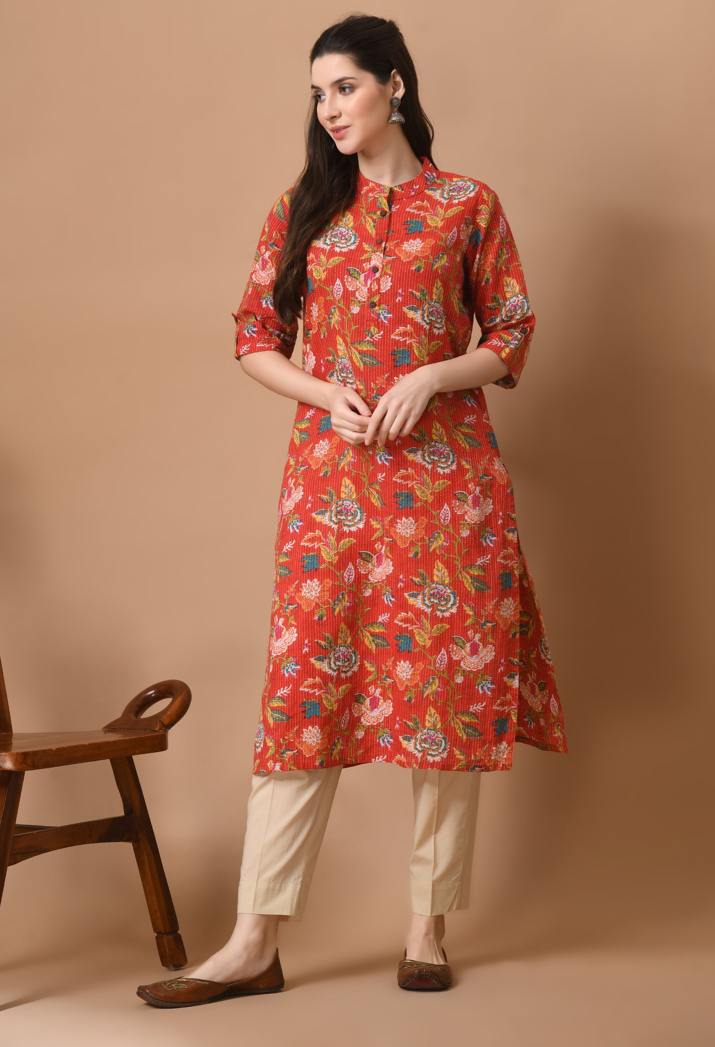 Red Cotton Printed Knee Length Kurta