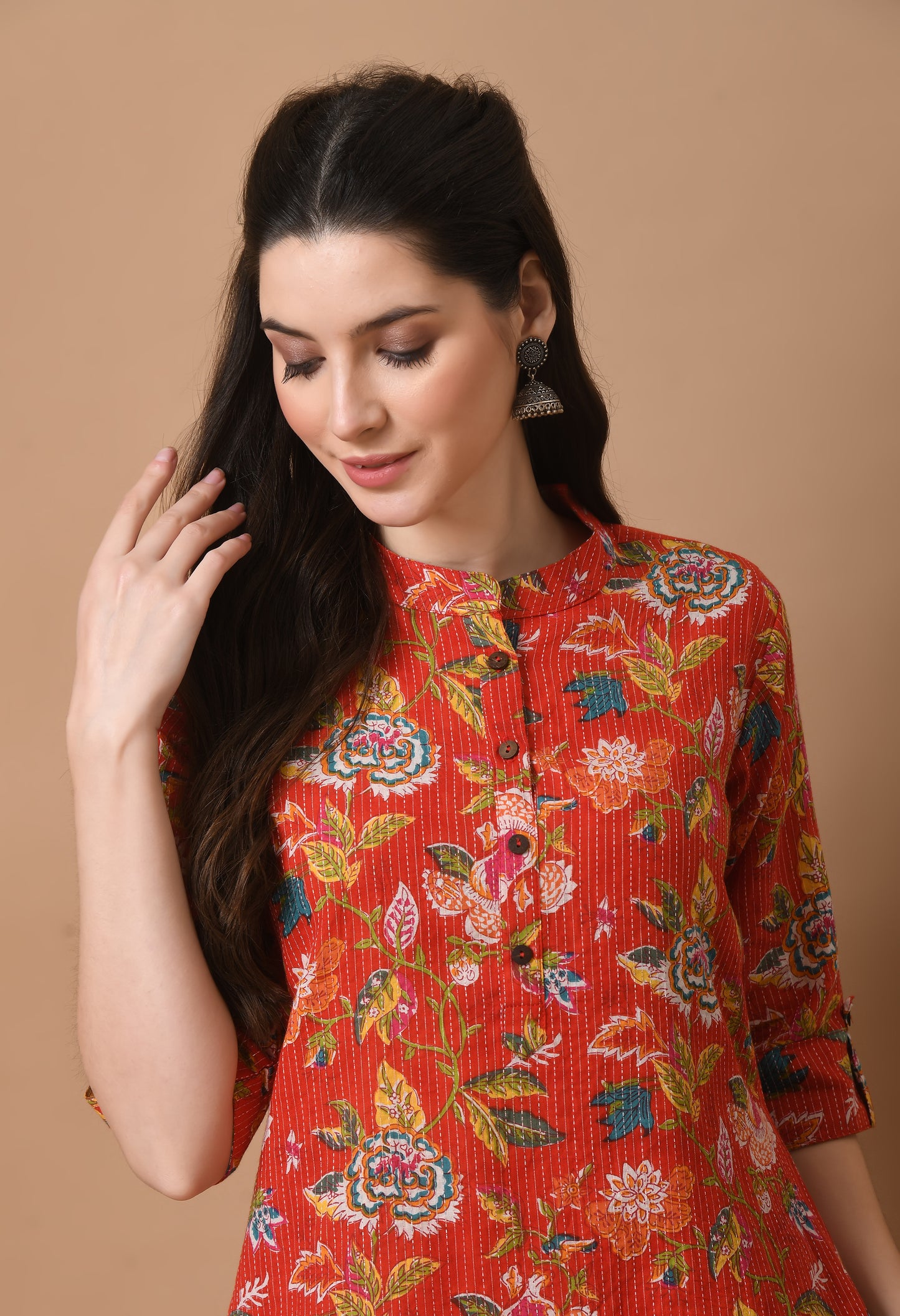 Red Cotton Printed Knee Length Kurta