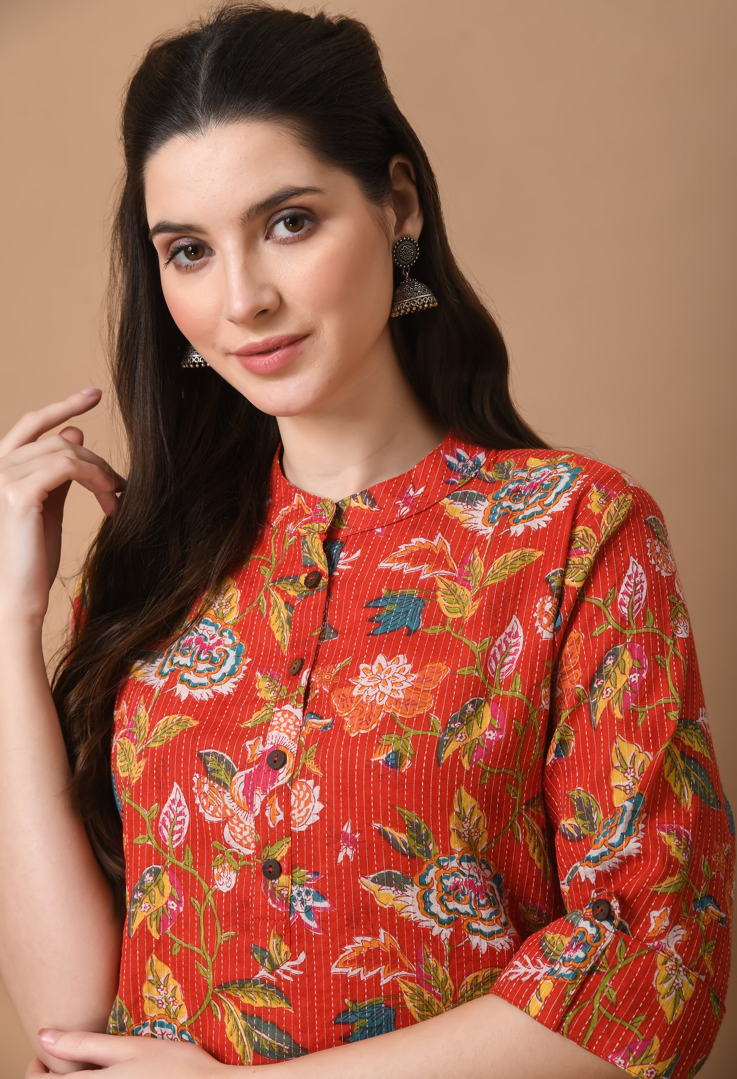 Red Cotton Printed Knee Length Kurta