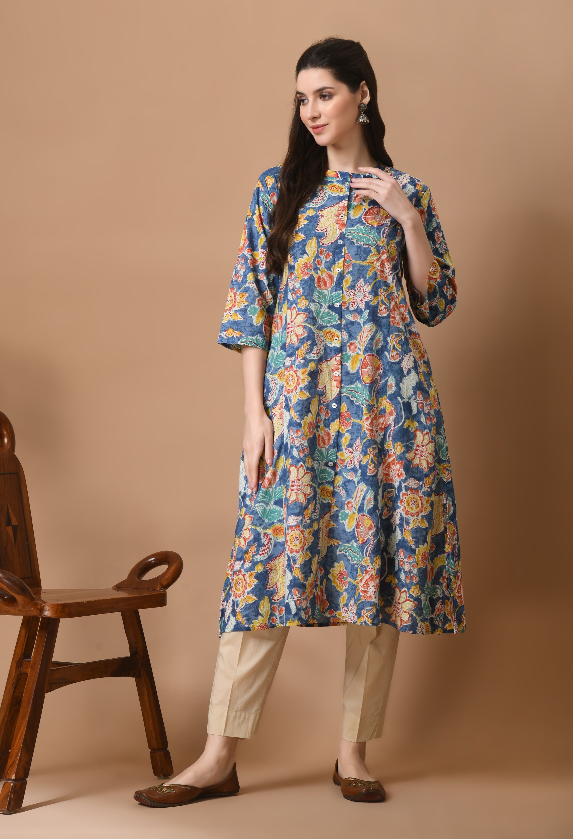 Blue Cotton Printed Long Kurta