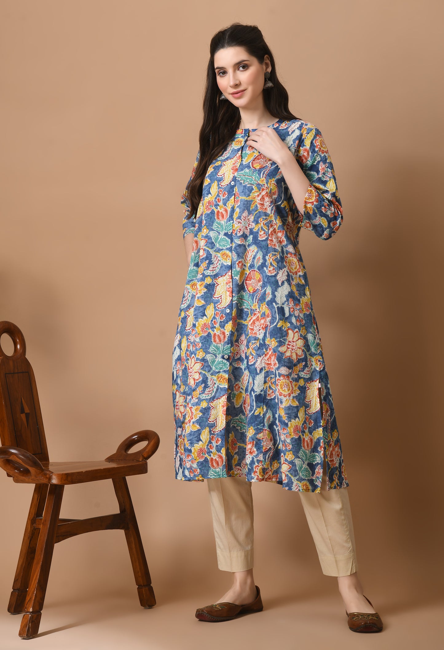 Blue Cotton Printed Long Kurta