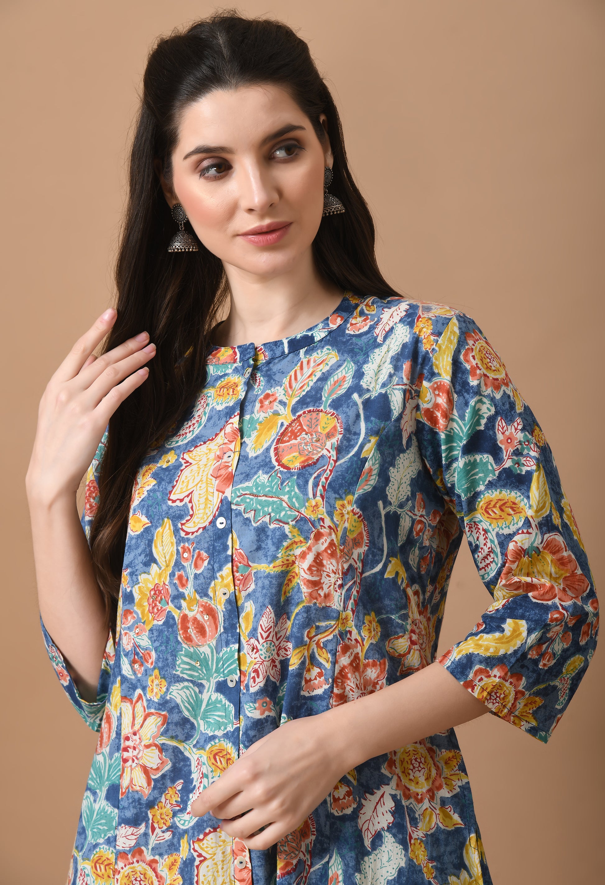 Blue Cotton Printed Long Kurta