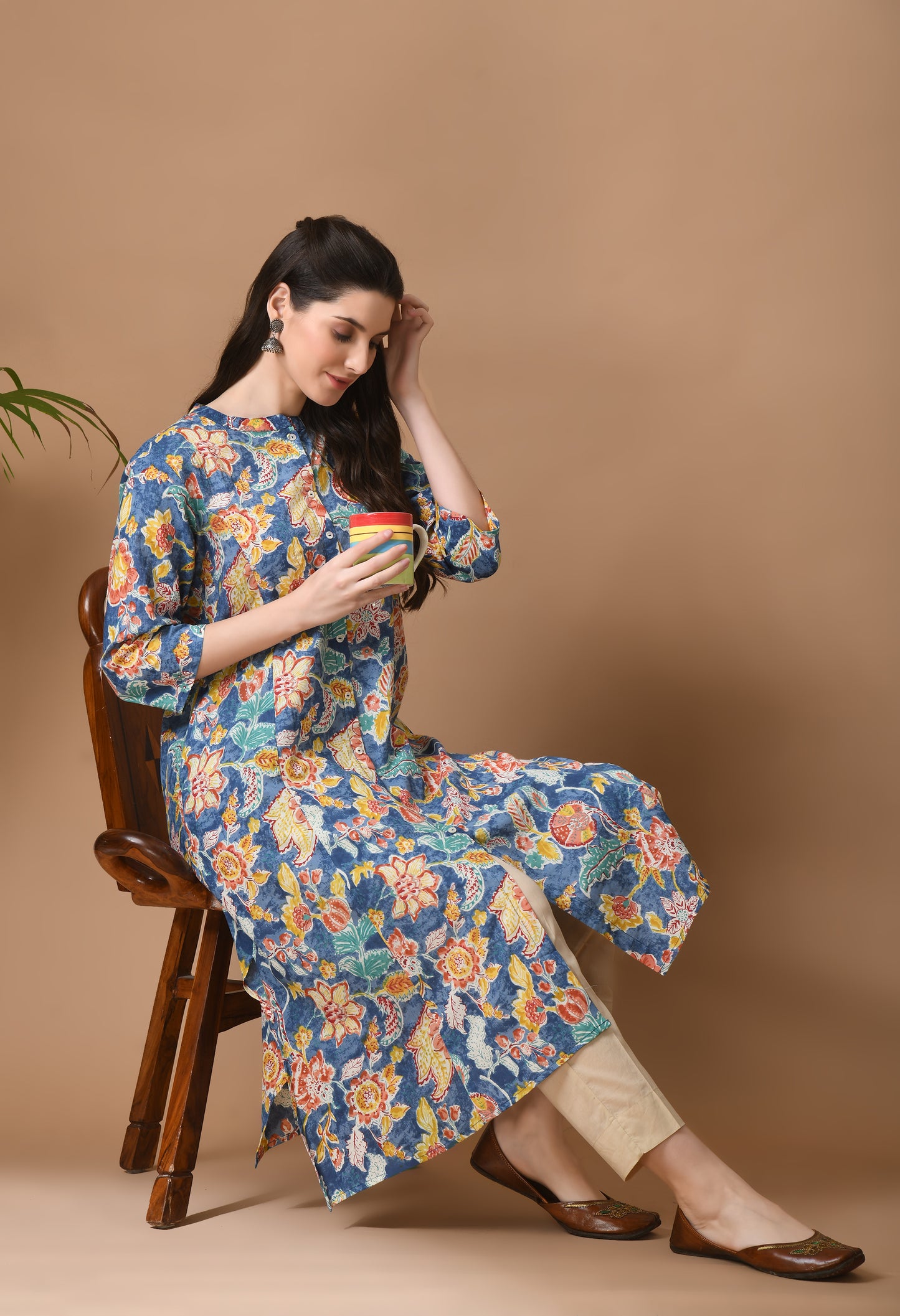 Blue Cotton Printed Long Kurta