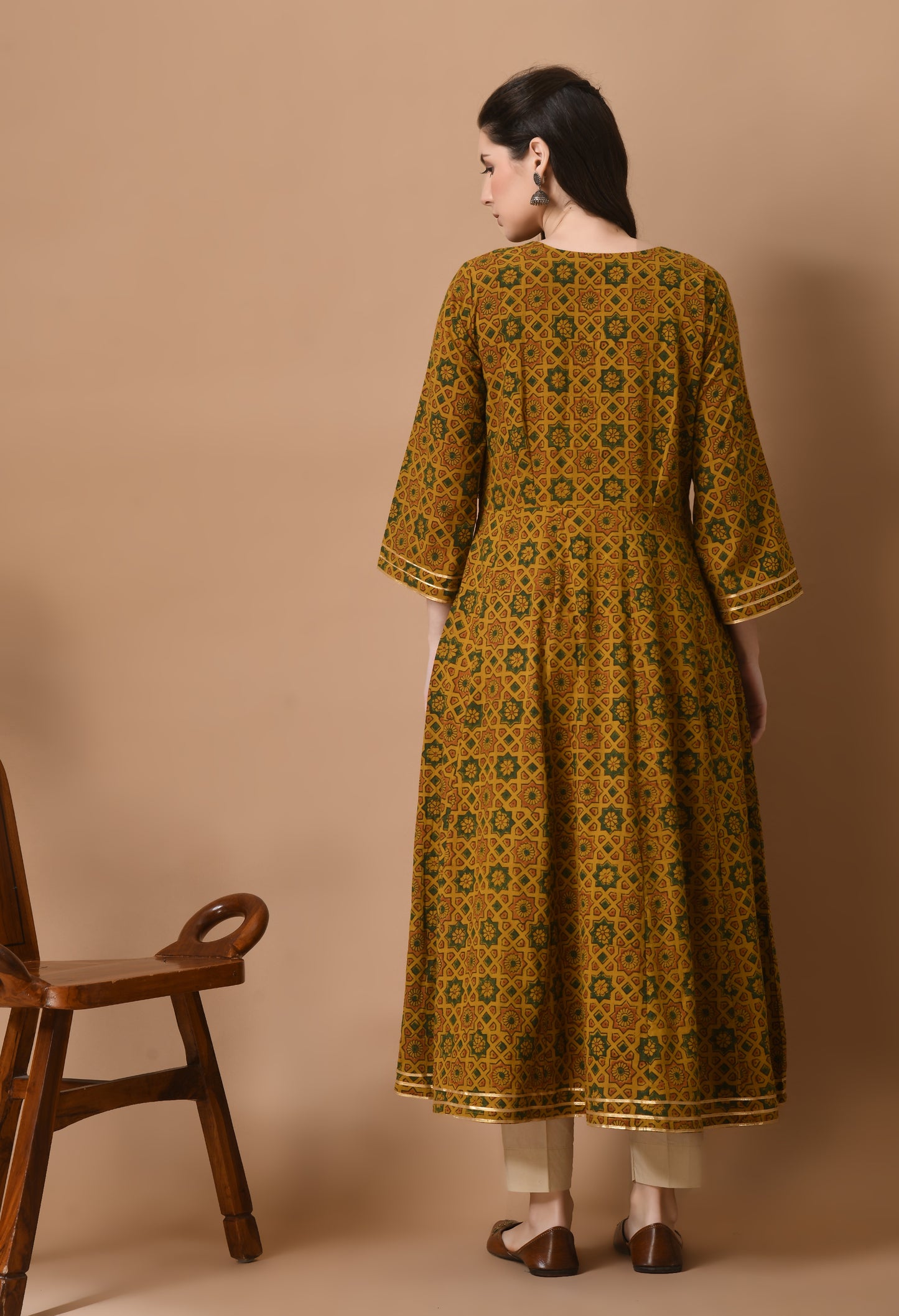 Mustard Ajrakh Printed Cotton Kali Kurta