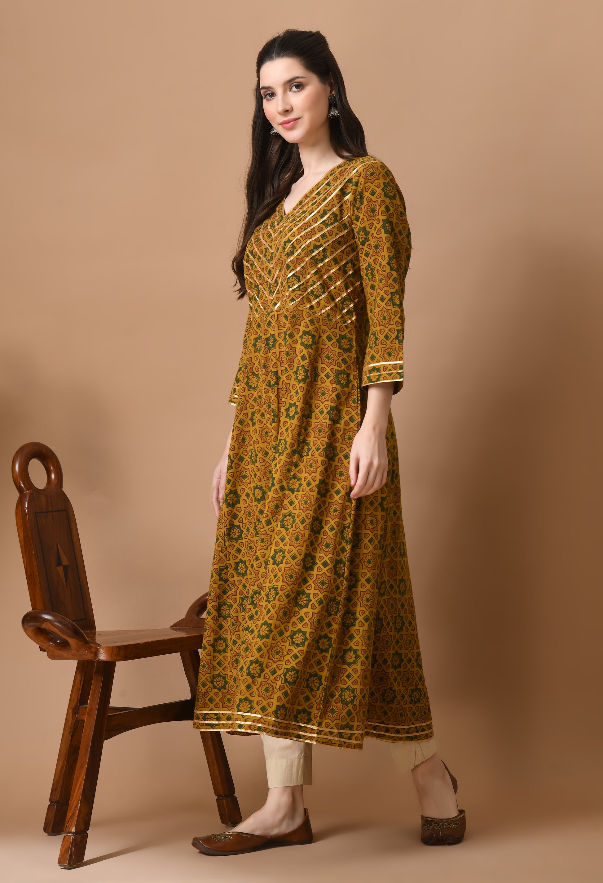 Mustard Ajrakh Printed Cotton Kali Kurta