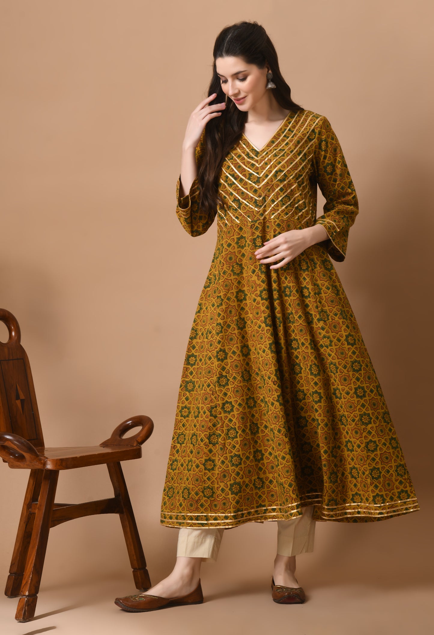 Mustard Ajrakh Printed Cotton Kali Kurta