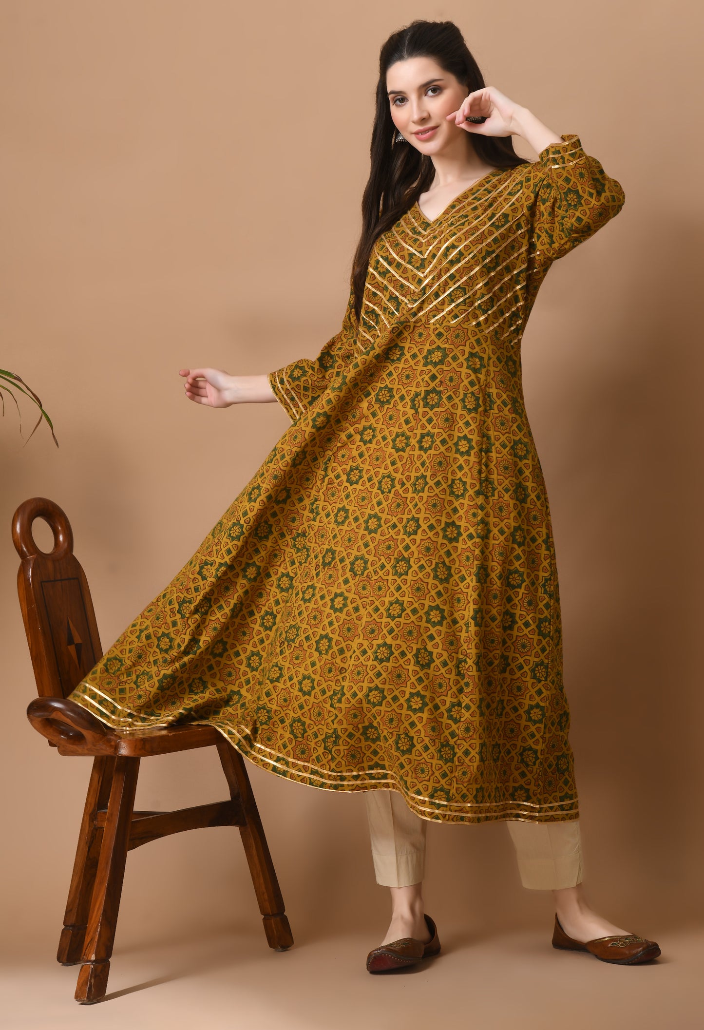 Mustard Ajrakh Printed Cotton Kali Kurta